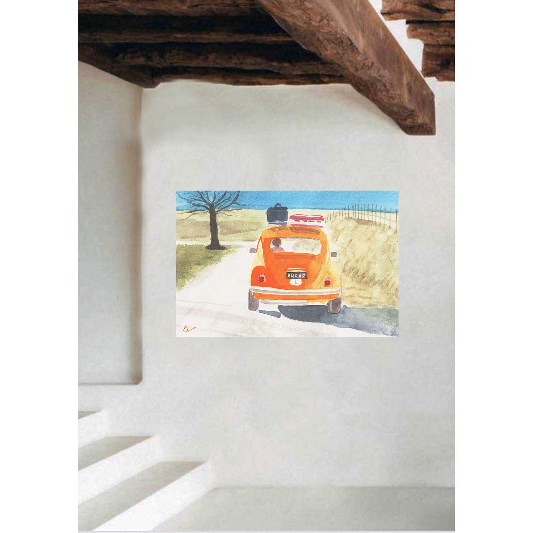 Cuadro decoración pared LIENZO SIN ENMARCAR horizontal grande "ESCARABAJO" 120x80 130x85 Lienzo alta calidad Coche antiguo  escarabajo camino rural Retro vintage ecléctico habitaciones juveniles Hall entradas auto naranja azul arena Ref ANA DURAN A 097