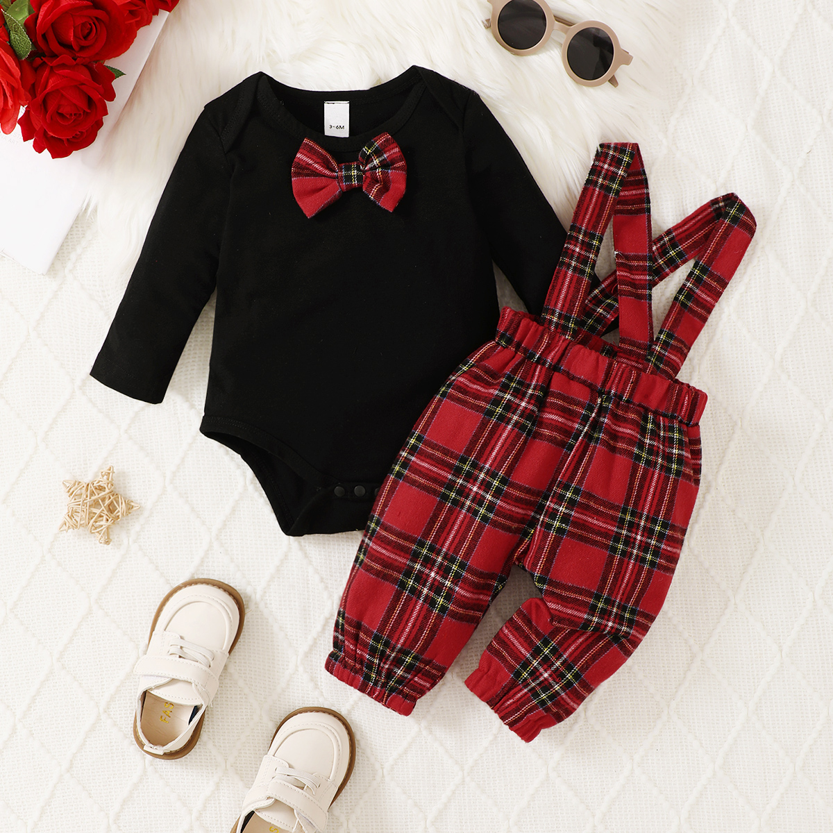 TK Conjunto De Bebé Para Niños Recién Nacidos Estilo Dandy Primavera Otoño Conjunto De Chaqueta Negra Y Pantalón a Cuadros Rojo Talla 0-1Años Material Algodón Poliéster Spandex