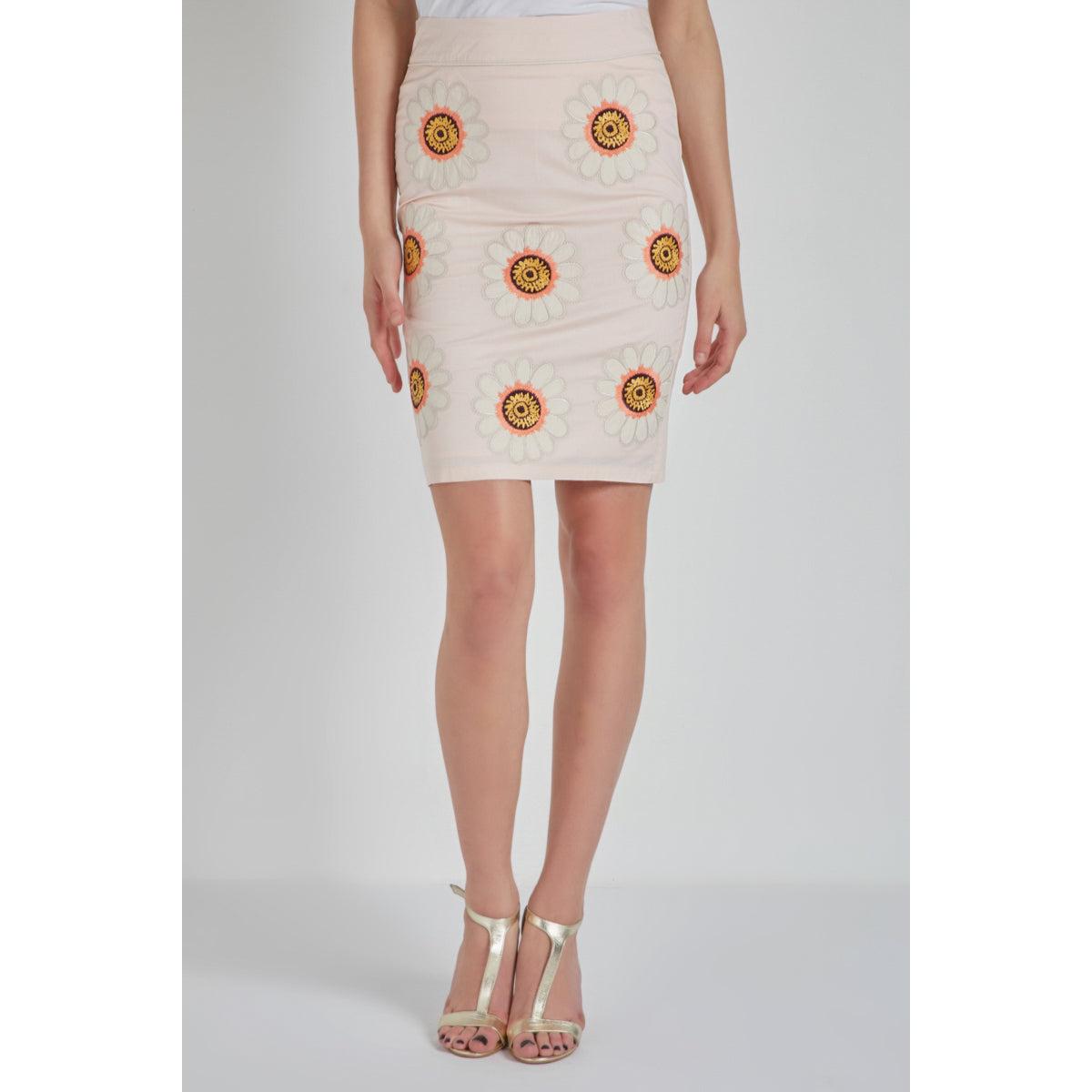 Falda mujer bordada, falda pencil, diseño floral algodón elastano, forro interior cómodo, cierre cremallera, corte tubo, look elegante casual, motivo margaritas, rosa, talla 38, ideal primavera verano, ✅Entrega 24/48h