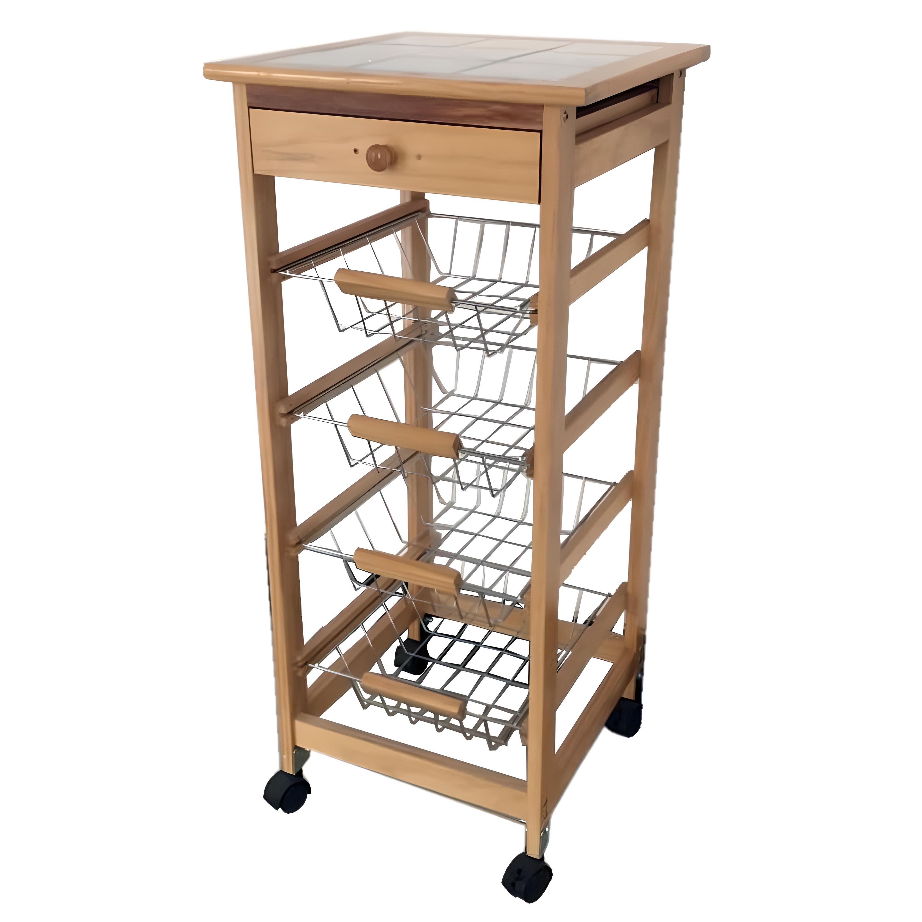 Meyvaser Carro Verdulero Frutero Cocina 4 cestas y Cajon cubertero 37x37x85cm con Ruedas color miel