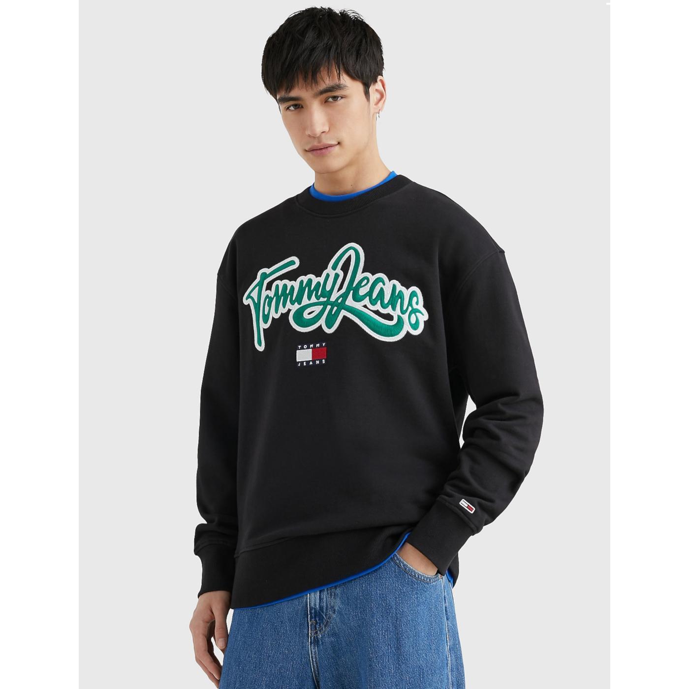 Tommy Hilfiger Sudadera Negra Bordada Diseño Callejero Corte Caído Manga Larga