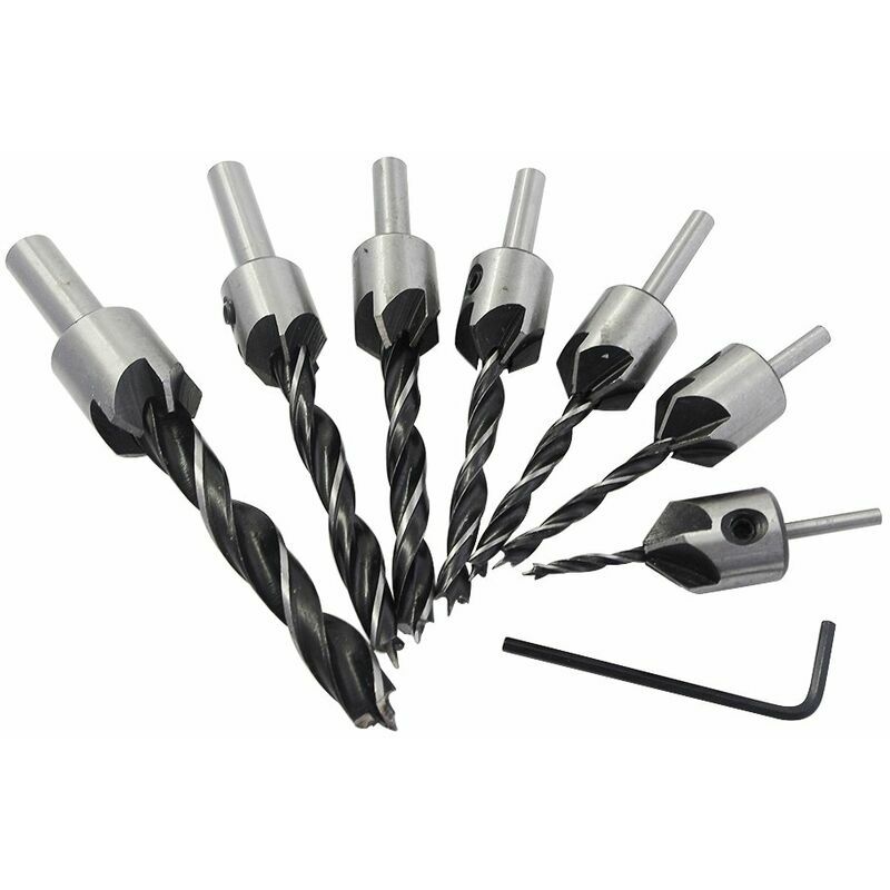 CA Juego de 7 brocas avellanadas para madera, 5 ranuras, HSS, acero de alta velocidad, escariador para carpintería, herramienta de biselado de 3, 4, 5, 6, 7, 8 y 10 mm con llave hexagonal.