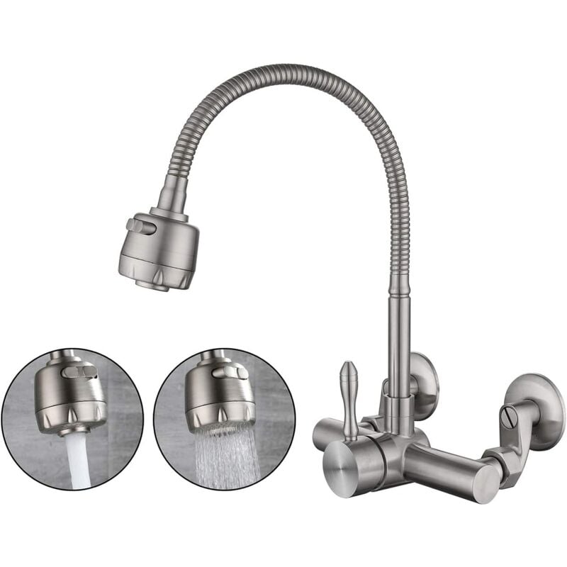Grifo de cocina grifo mezclador montado en la pared, material de acero inoxidable 304 de grado alimenticio, orificios de montaje de grifo de pared de cocina giratorio de 360 ° 6,3 CM-24 CM