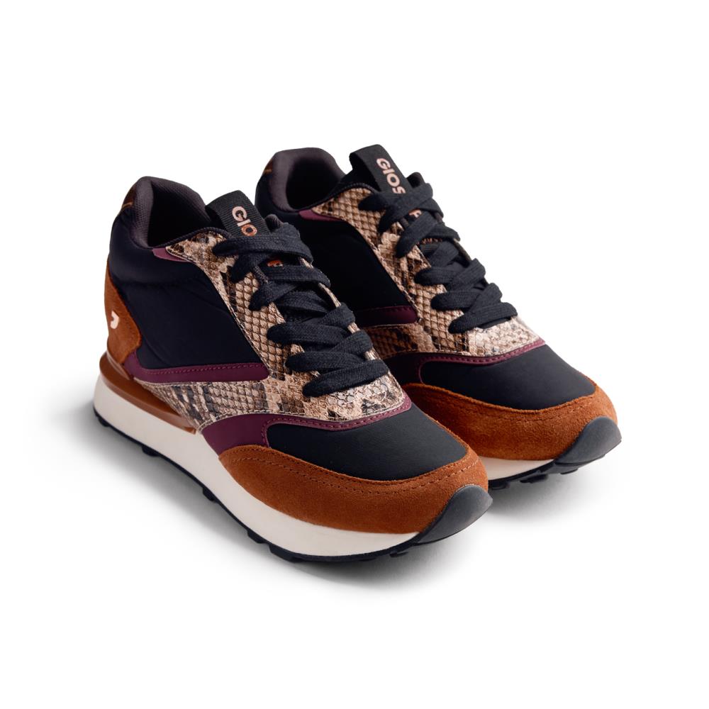 Zapatillas de mujer en piel y tejido multicolor, marrón, negro y rojo, con cuña interior
