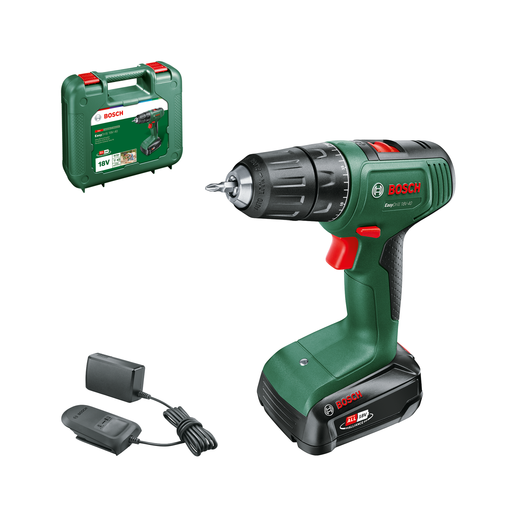 Bosch - Taladro Atornillador a Batería - EasyDrill 18V-40 - 18V, 40Nm, con 1 Batería de 2.0Ah, Cargador y Maletín