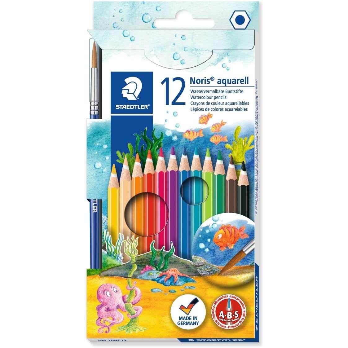 Staedtler noris aquarell pack de 12 lapices de colores hexagonales + pincel - madera de bosques sostenibles - colores surtidos