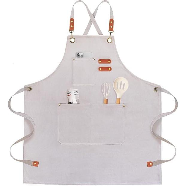 Delantal de chef para hombres y mujeres, delantales de lona con 3 bolsillos traseros cruzados, delantal de trabajo resistente para cocinar