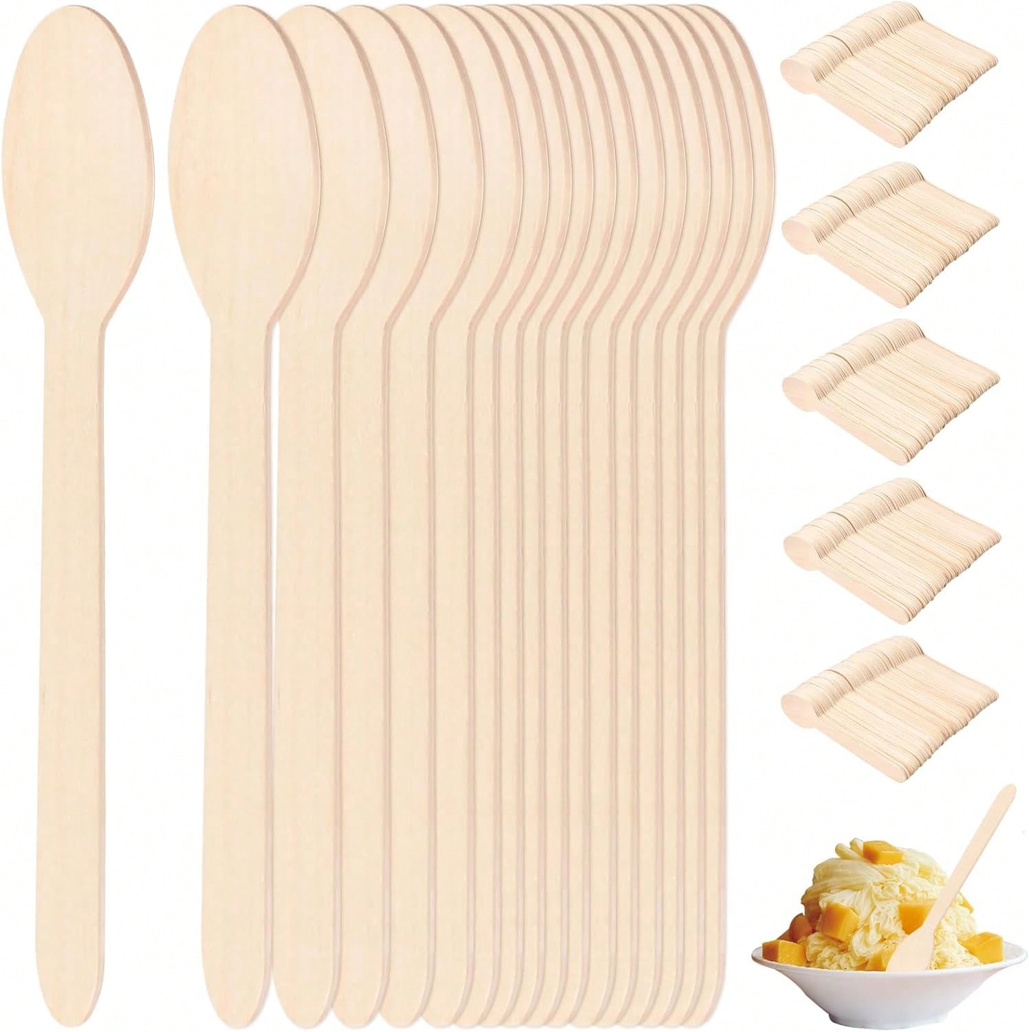 Cucharas/Tenedor/Cuchillos de Madera Biodegradable 16cm, Cuchara de Postre Reutilizables, Cucharas Biodegradables, Cubiertos de Madera para Comer, Cucharillas de Madera para Café Helados Yogur y Aperitivo Pack 100u Mejor calidad