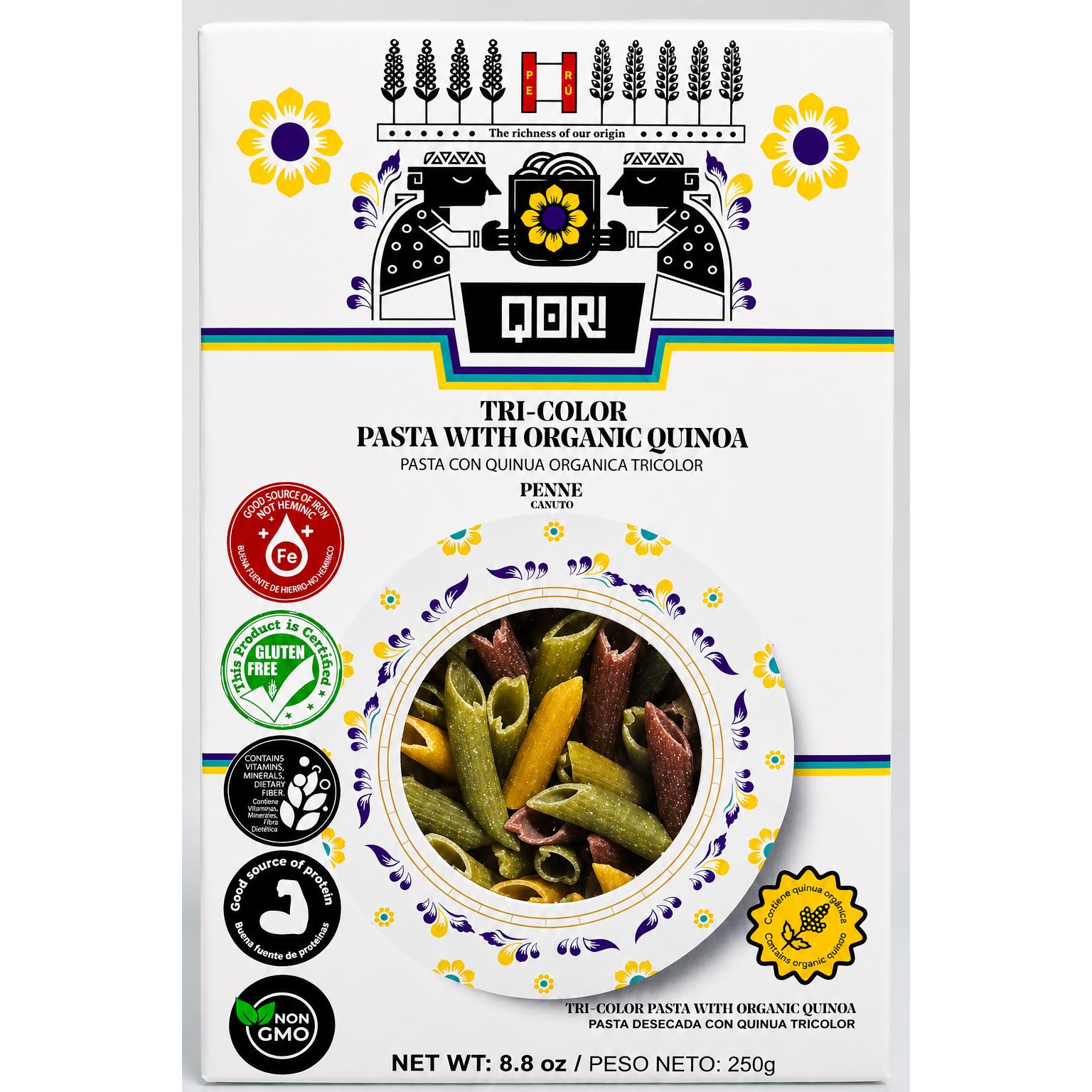 QORI - Fusilli tricolor sin gluten elaborado con 75 % quinoa orgánica, fuente de proteínas e hierro, apto para celíacos y veganos, 250 g