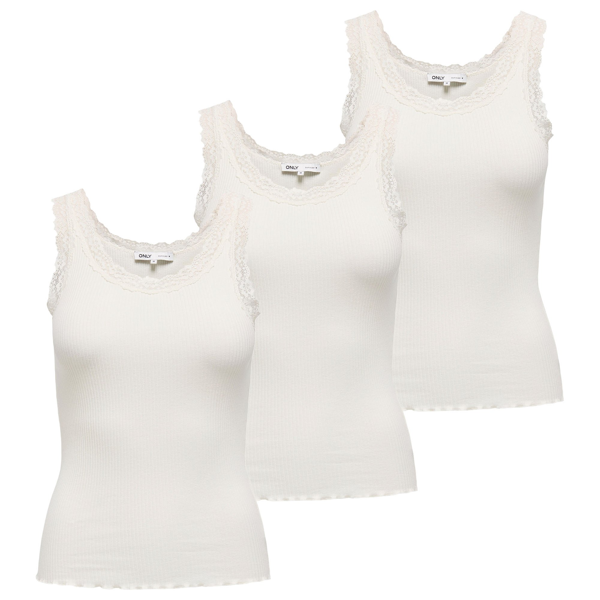ONLY Top para mujer Paquete de 3 - ONLSARA SHARAI LIFEW TANK TOP, encaje, acanalado, cuello redondo, algodón ONLSARA SHARAI LIFEW TANK TOP 3P