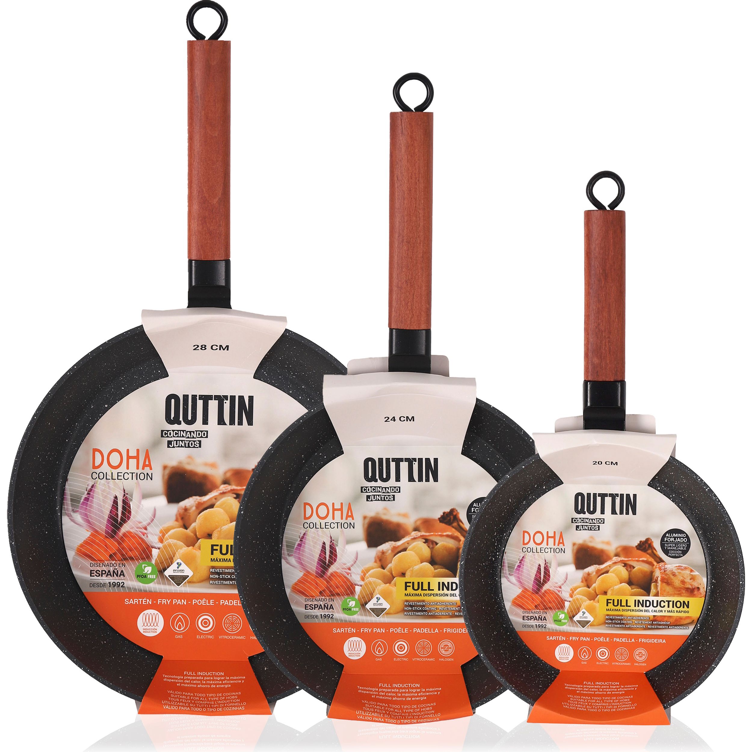 Quttin - Set de 3 Sartenes de Aluminio Forjado (20, 24, 28cm) Colección Doha - Antiadherentes de Calidad Premium - Aptas para Todas las Cocinas - Mango Ergonómico