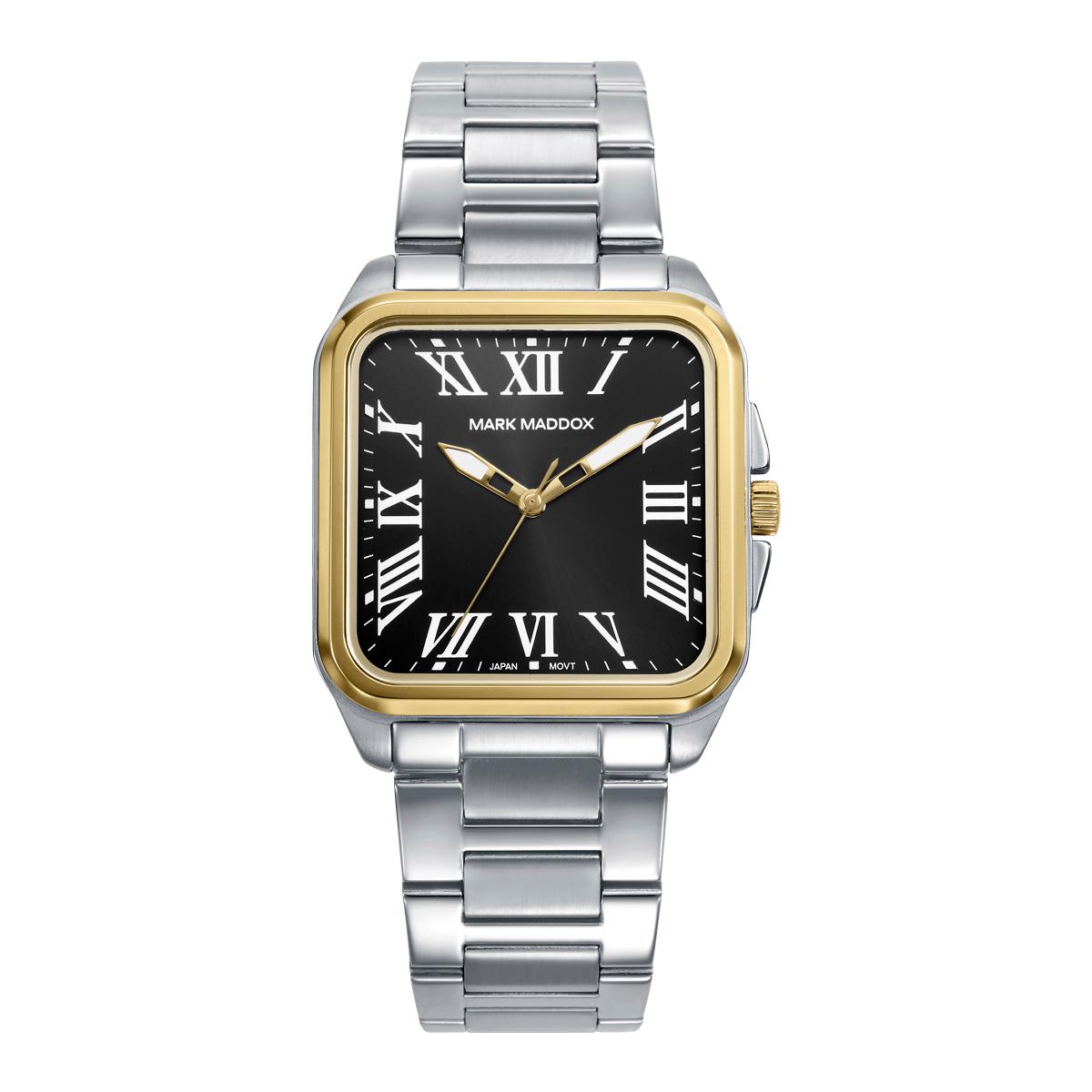Reloj Hombre con esfera negra y bisel dorado. Reloj caja bitono de acero e Ip dorado,brazalete de acero,movimiento cuarzo