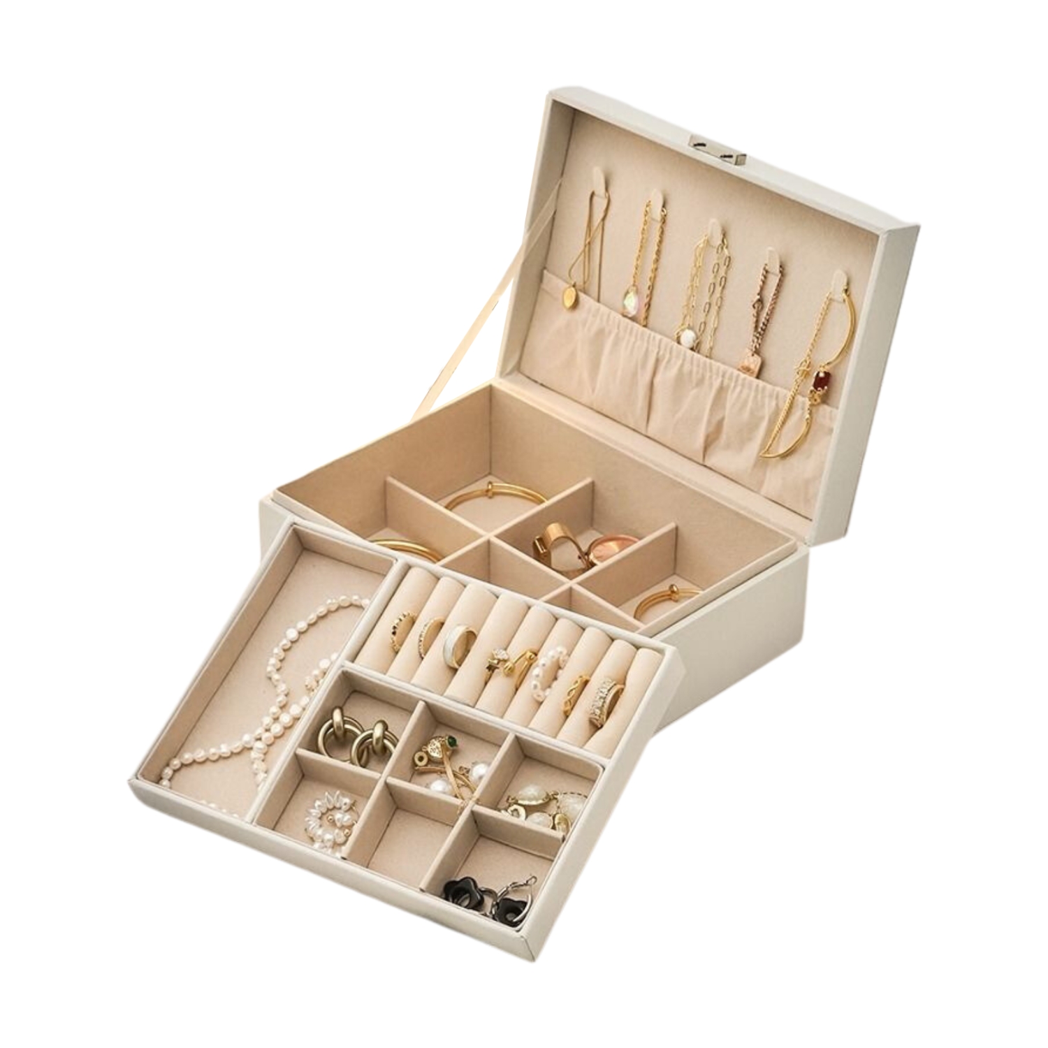 LUTODY - Organizador de joyas, 2 niveles, Terciopelo, Polipiel con cajonera, Expositor elegante y funcional para bisutería, collares, anillos, pendientes, pulseras, brazales y colgantes