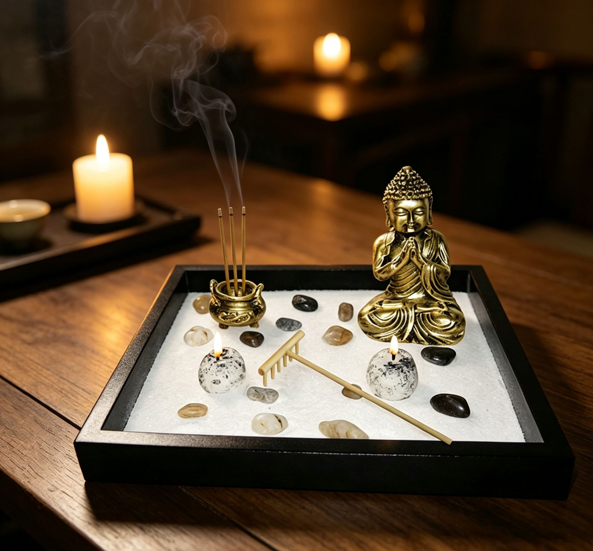Set jardín zen completo con bandeja de madera 24×24 cm, estatua dorada de Buda (3 modelos), rastrillo, inciensario, portavelas y arena incluidos para meditación y decoración espiritual