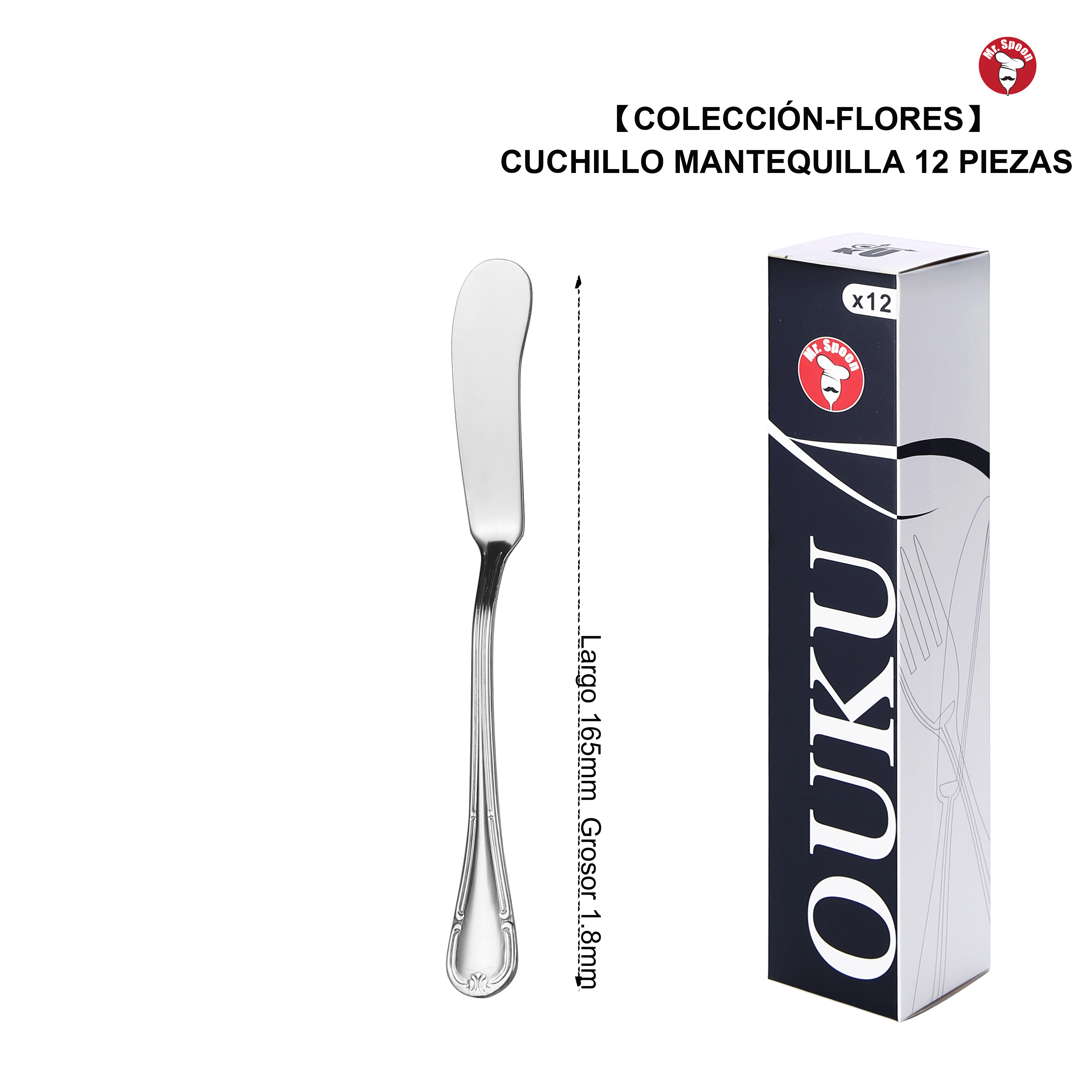 Mr.Spoon Serie Flores,Set Cubiertos ensalada y Cuchillo mantequilla 2, 6, 12, 24 o 48 piezas,Acero inox18/0,Económico y funcional,Set Cubiertos ensalada210mm,Cuchillo mantequilla165mm,Mango monobloque,Apto para lavavajillas,Para casa,hotel,restaurante