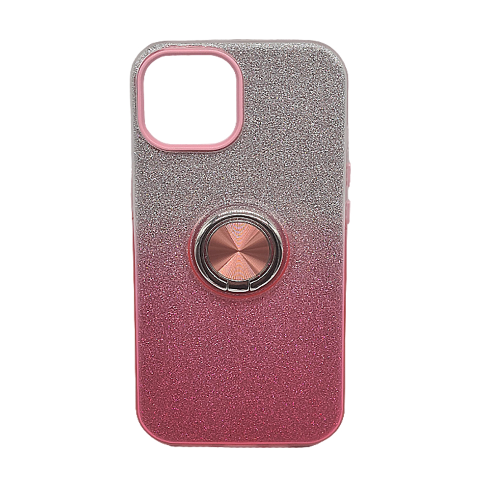 Mercachip Carcasa Brillos con anilla degradado Iphone 15, funda color negro y rosa, accesorio complemento smartphone