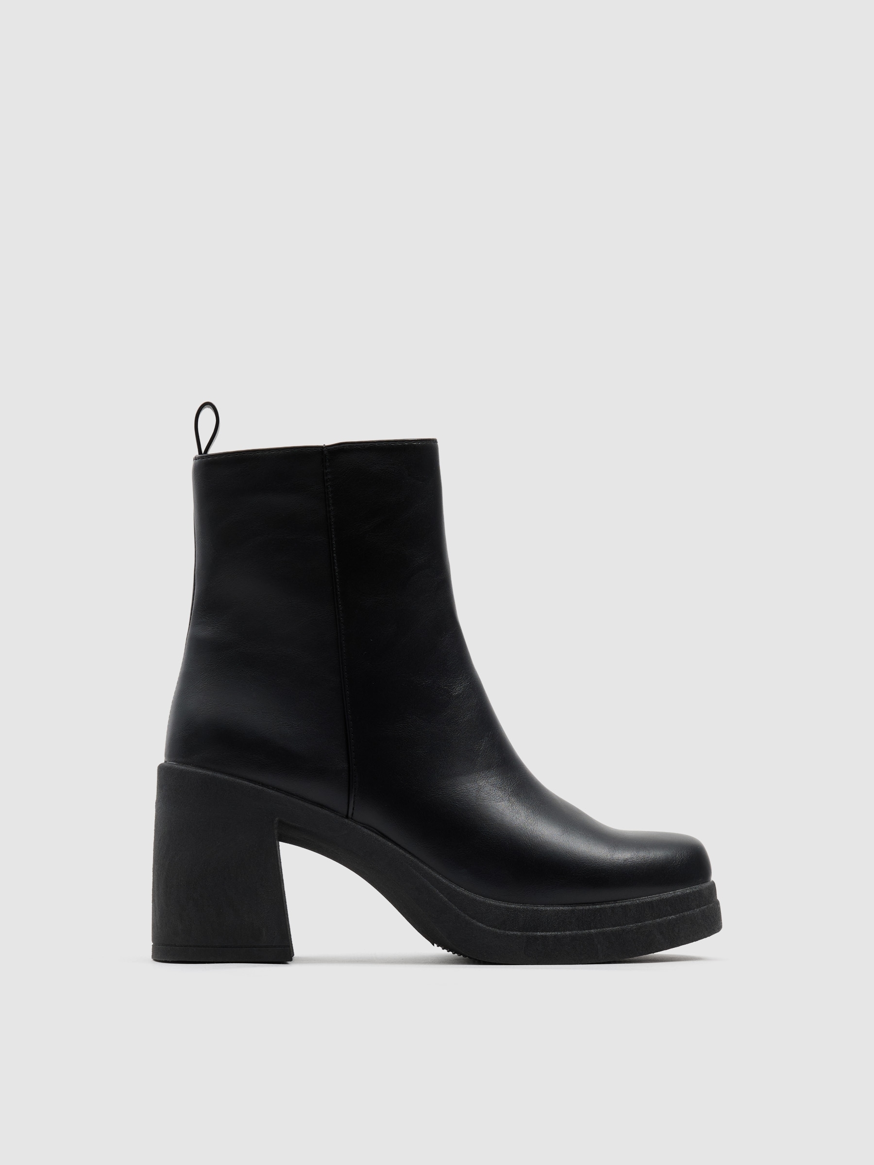 Botines negros efecto piel con tacón ancho de 8 cm, plataforma de 1,5 cm y tirador trasero INSIDE