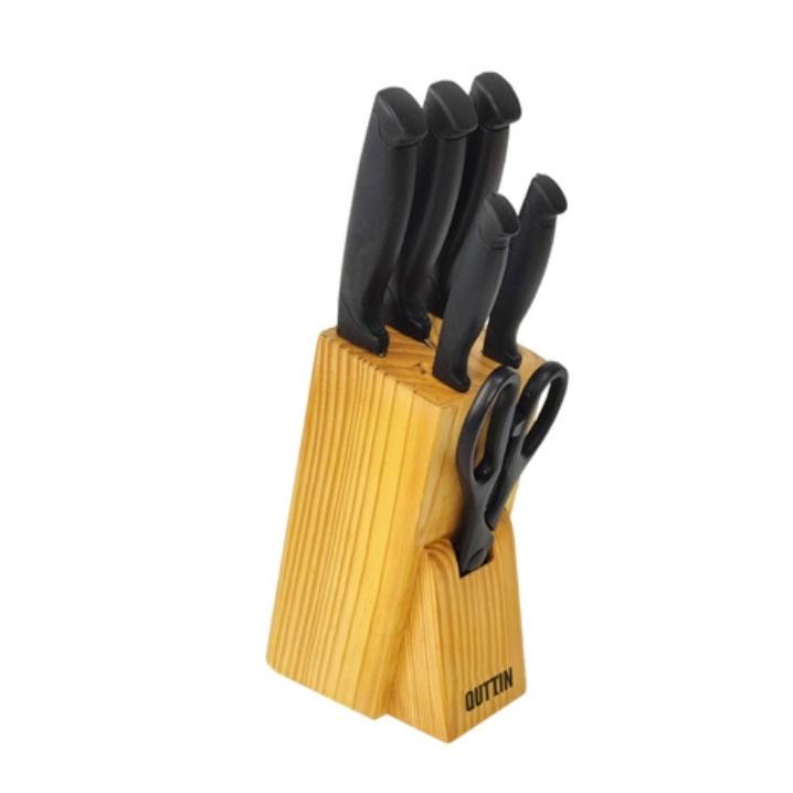 Juego de Cuchillos de Acero Inoxidable con Mango Antideslizante Negro, Tijeras, Afilador y Bloque de Madera para Cocina Profesional y Doméstica  Marca Quttin
