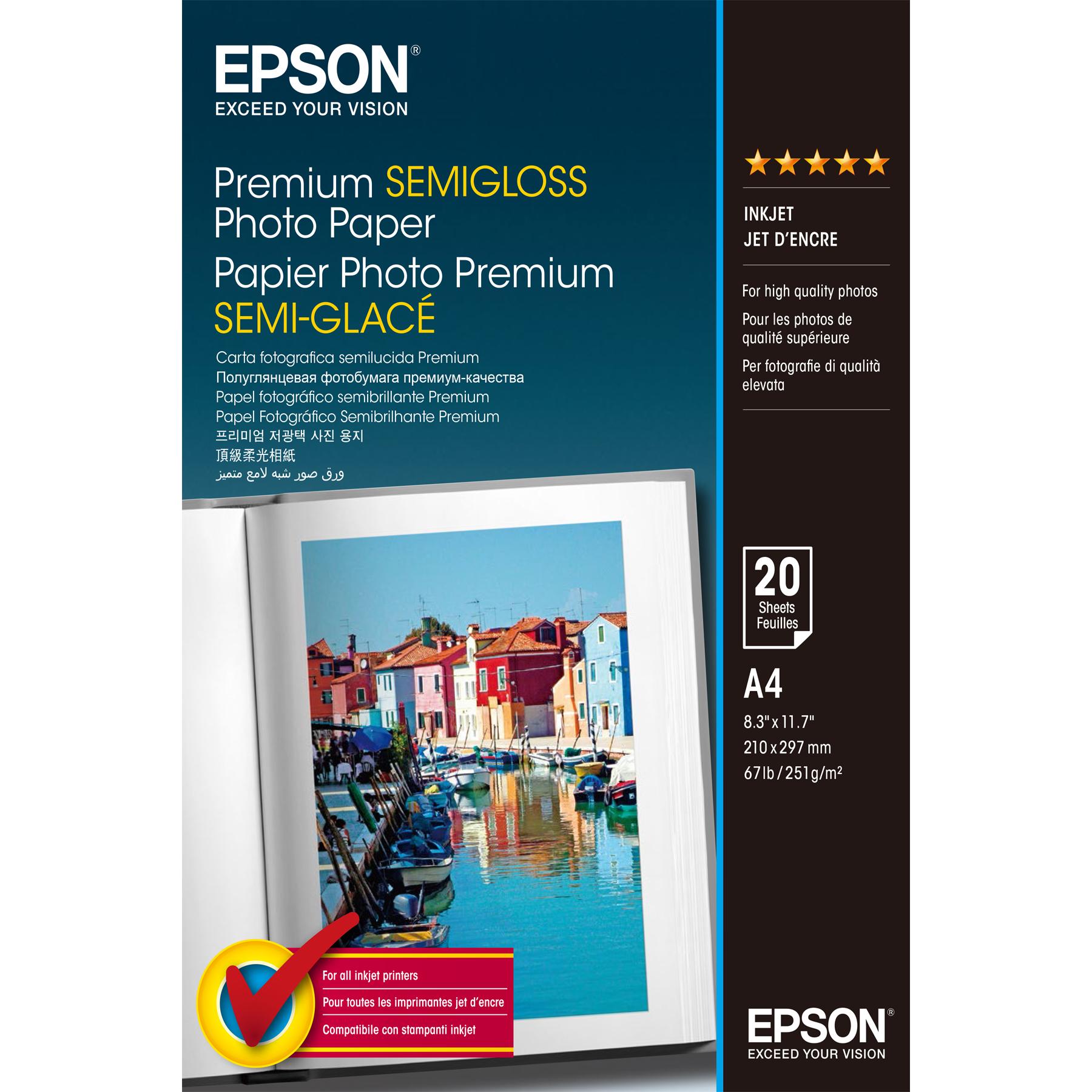 Epson Papel Fotografico Semibrillo (Premium SemiGlossy Photo) A4, 20 Hojas de 251g.