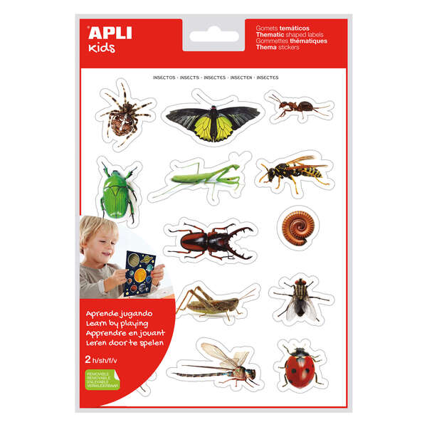 Apli bolsa de gomets tematicos realistas insectos - 28 gomets tematicos por bolsa - imagenes realistas de insectos - adhesivo removible - cumple normas en-71 y fsc - libre de disolventes - colorido (5 uds)