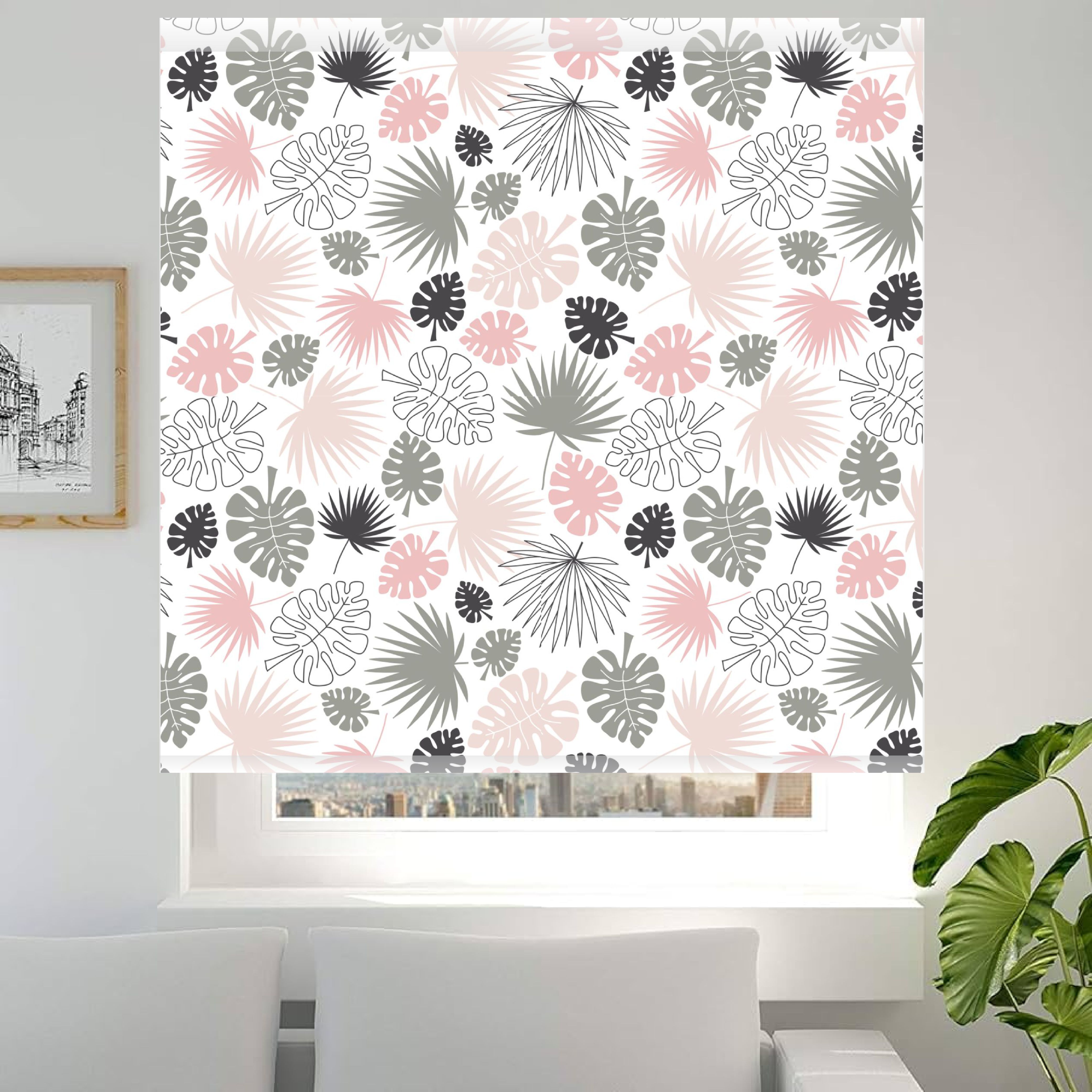 Estores Iroa – Estor Enrollable Translúcido Juvenil con Estampado Tropical Hoja 548 en Tonos Rosa y Gris, Diseñado para Habitación de Chicas, Fabricado en España con Tejido Premium que Filtra la Luz y Protege del Sol, Instalación Sencilla y Decoración