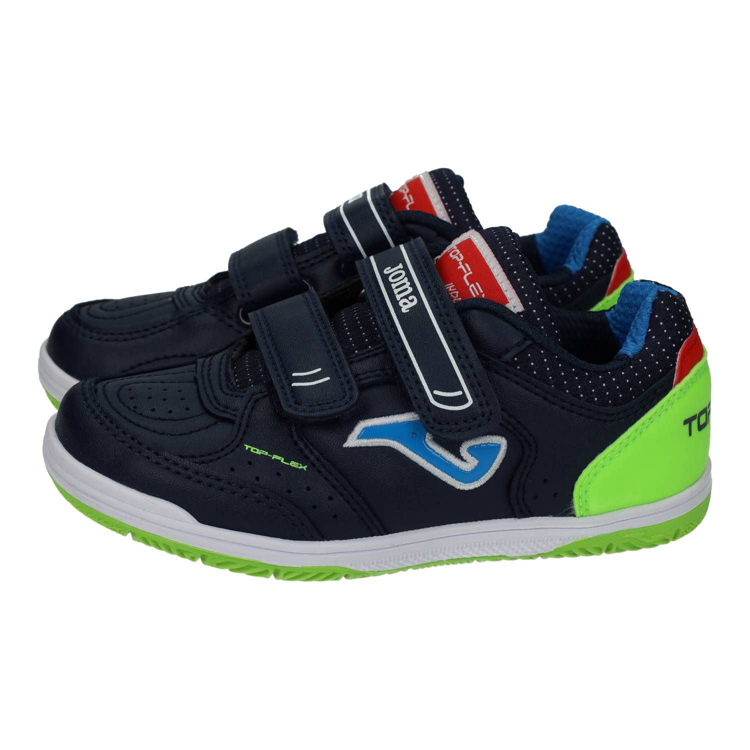 Deportivos marca JOMA para niño en color marino. Zapatillas Joma de niño para fútbol sala, cierre adhesivo diseño multicolor azul y verde, suela antideslizante.