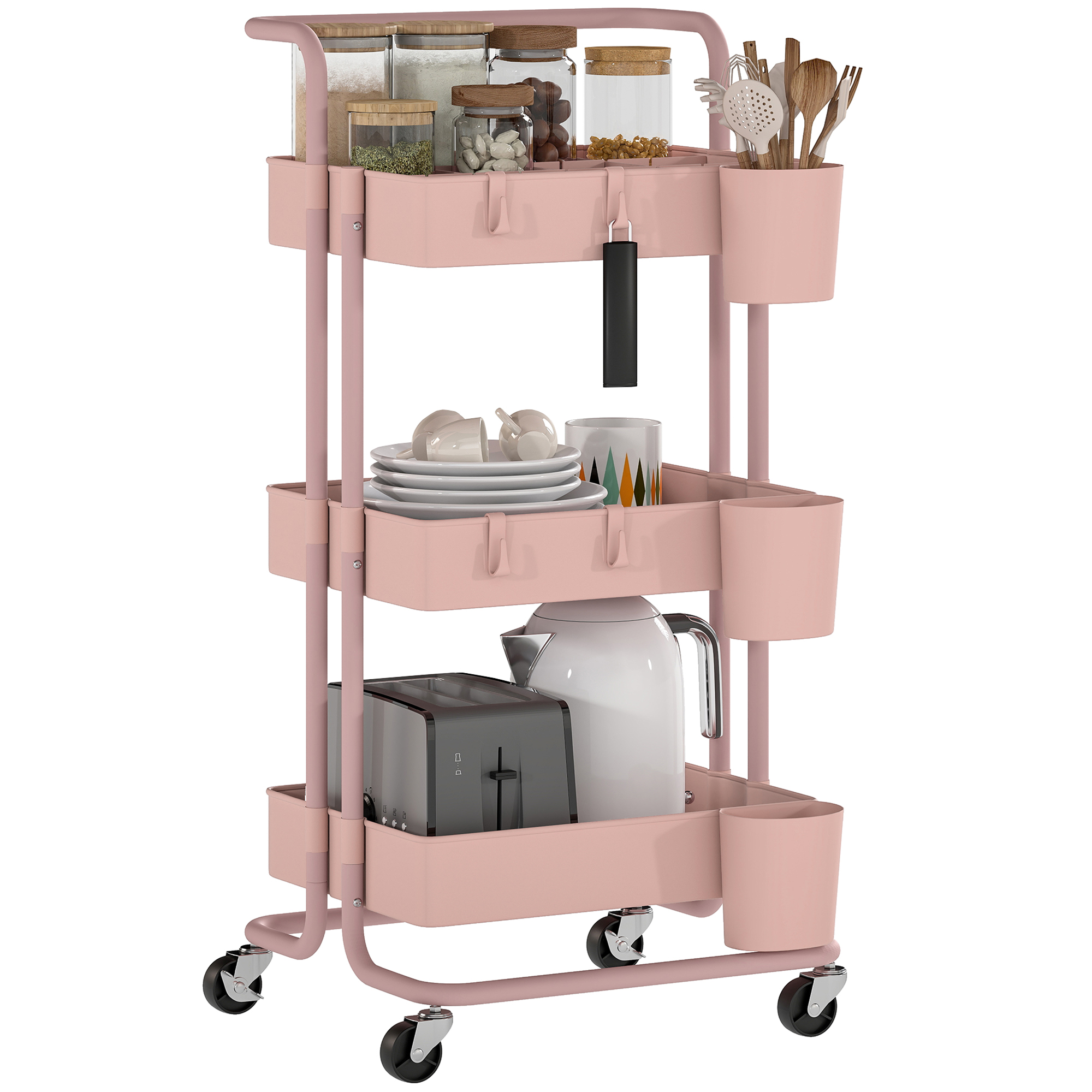 HOMCOM Carrito Auxiliar con Ruedas de 3 Niveles Carrito de Cocina con Mango 3 Cestas de Malla y 3 Cajas Colgantes Carro de Almacenamiento para Baño Salón 42x38x86,5 cm Verdoso