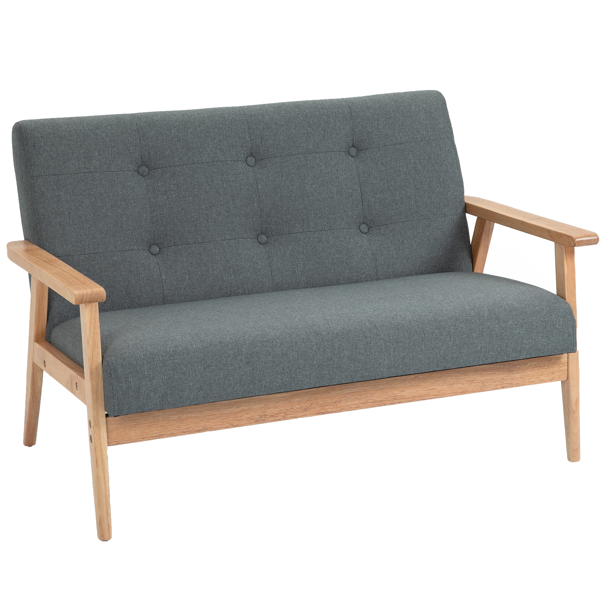 HOMCOM Sofá 2 plazas sofá dos plazas de tela sofá doble tapizado loveseat diseño compacto lino caucho madera gris 115 x 66,5 x 73 cm