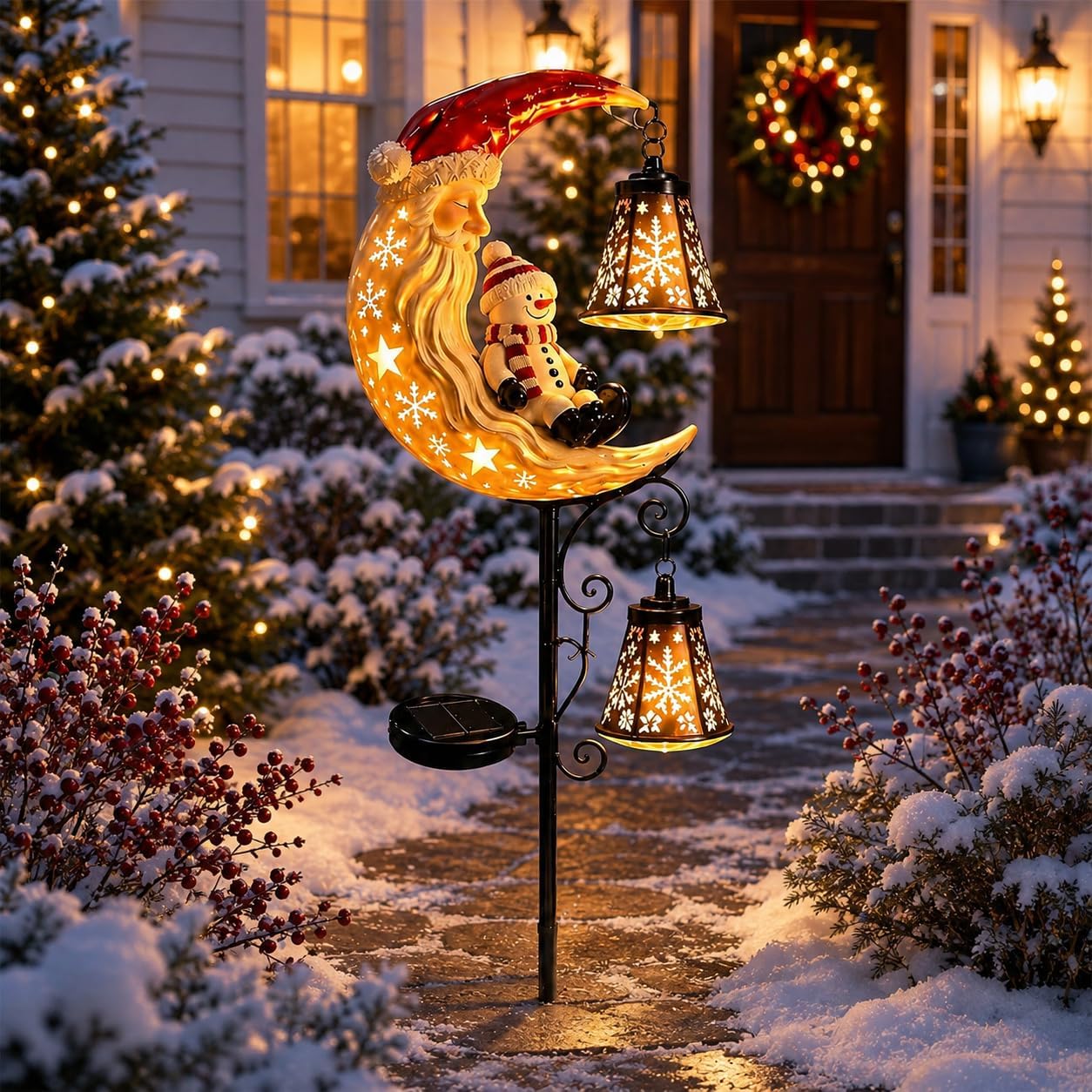 Lámpara solar de muñeco de nieve de luna de Navidad, decoración de poste de