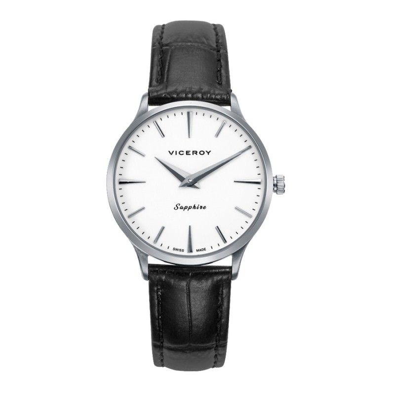 Viceroy Reloj caja de acero 5 Atm, correa de piel negra, movimiento cuarzo Suizo, Swiss made