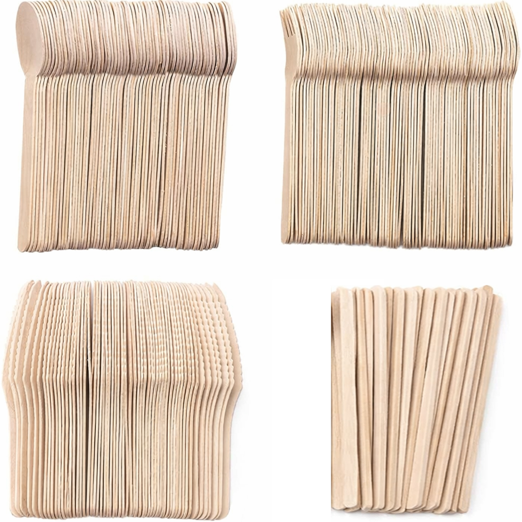 Cubiertos de Madera Biodegradables Desechables 80 Unidades (Cuchillos, Tenedores y Cucharas) + 300 Paletinas para Café 140 mm, Cubiertos Ecológicos Sin BPA, Resistentes para Fiestas, Picnic, Catering, Camping, Bodas y Eventos