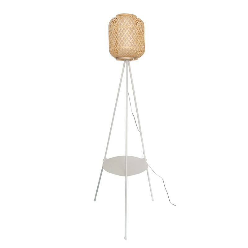 ALPINALUZ Lámpara de Pie Tripode Aluminio con Pantalla Mimbre Bambú y Difusor con Bandeja Mesita para Salón Dormitorio E27
