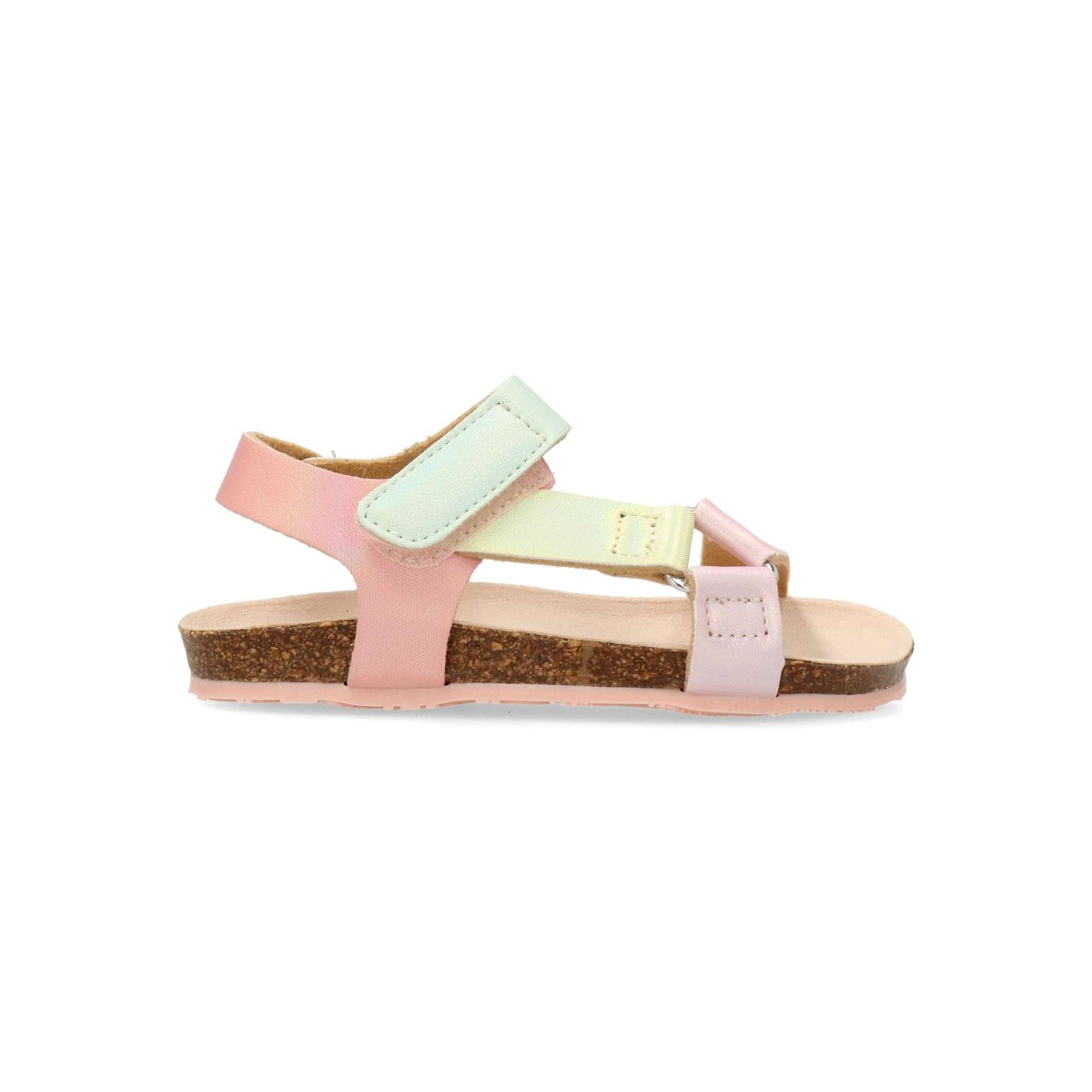 Conguitos - Sandalias bio para niña con cierre adherente, tiras multicolor (rosa, verde, amarillo) y suela de goma flexible