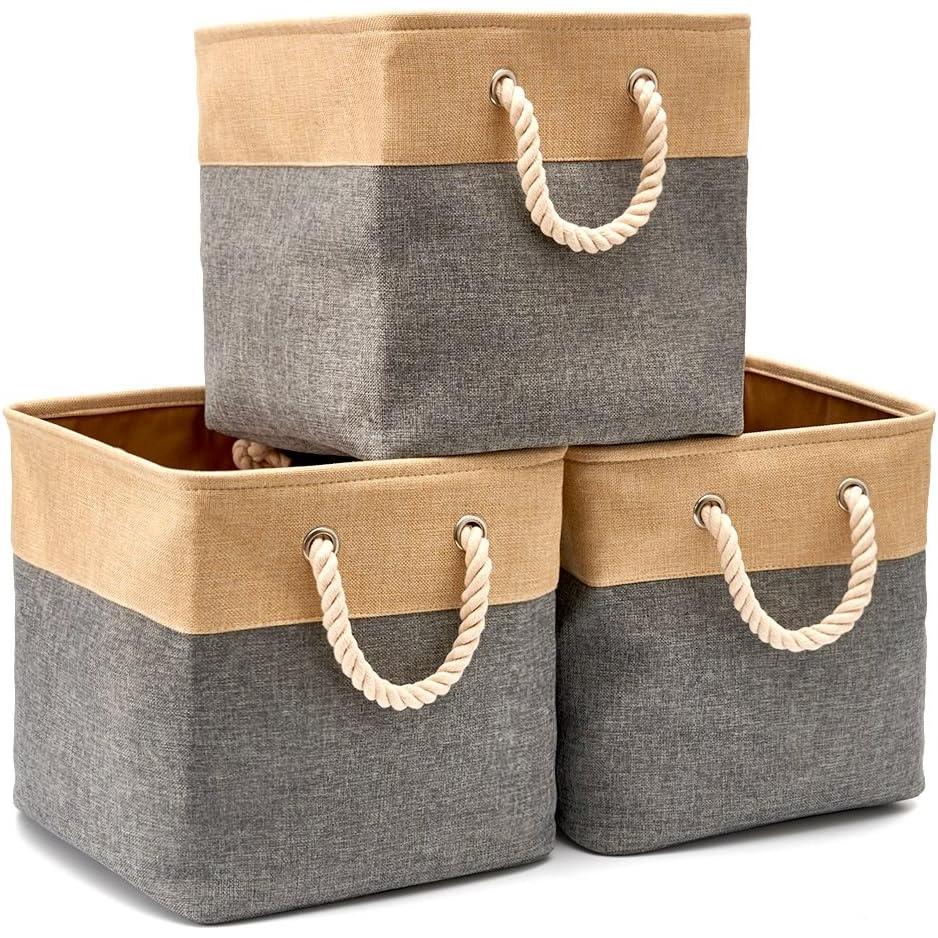 TK Caja de almacenamiento plegable de yute y algodón con asa, perfecta para baño o estantería (juego de 3)