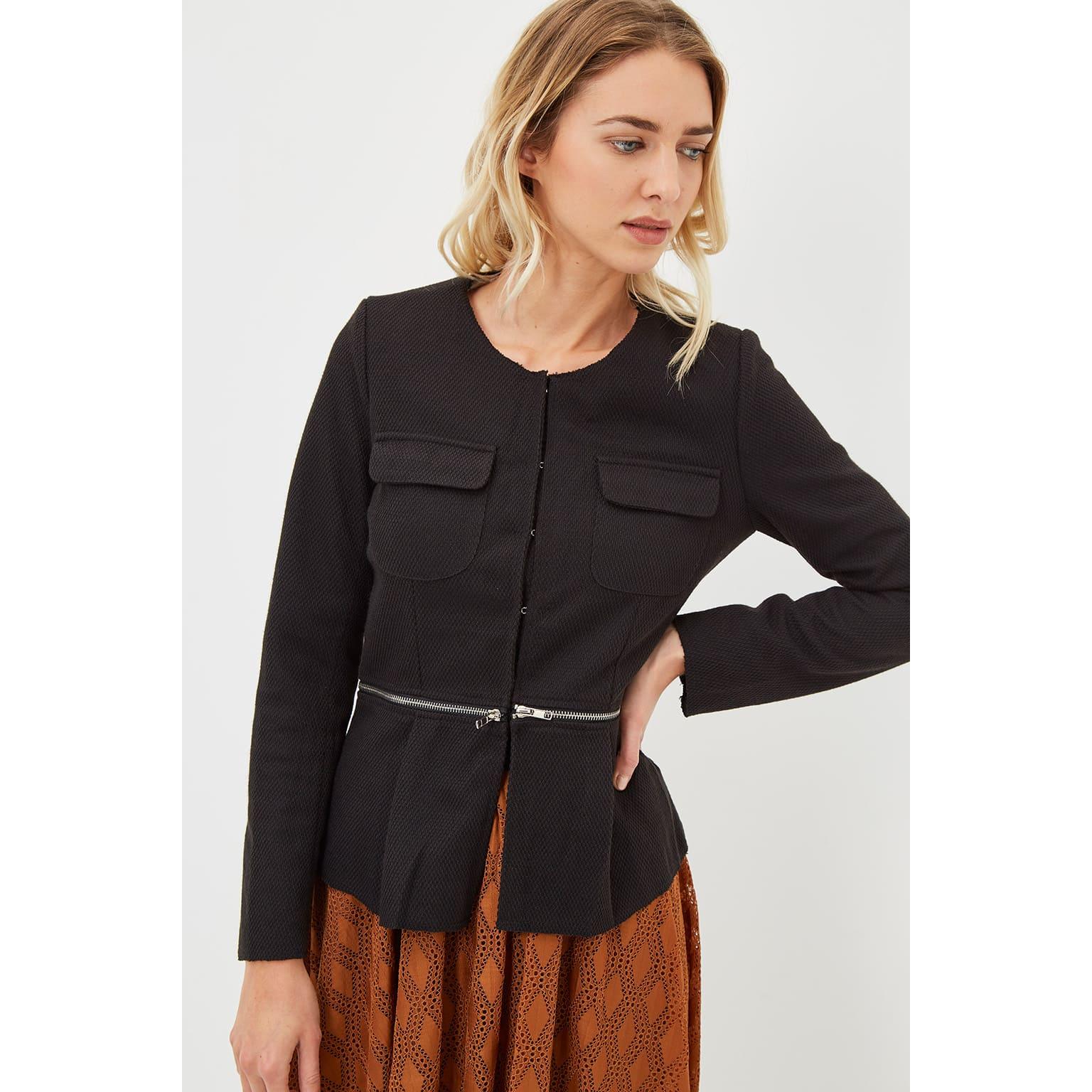 Chaqueta estructurada bolsillos frontales cremallera decorativa - Negro