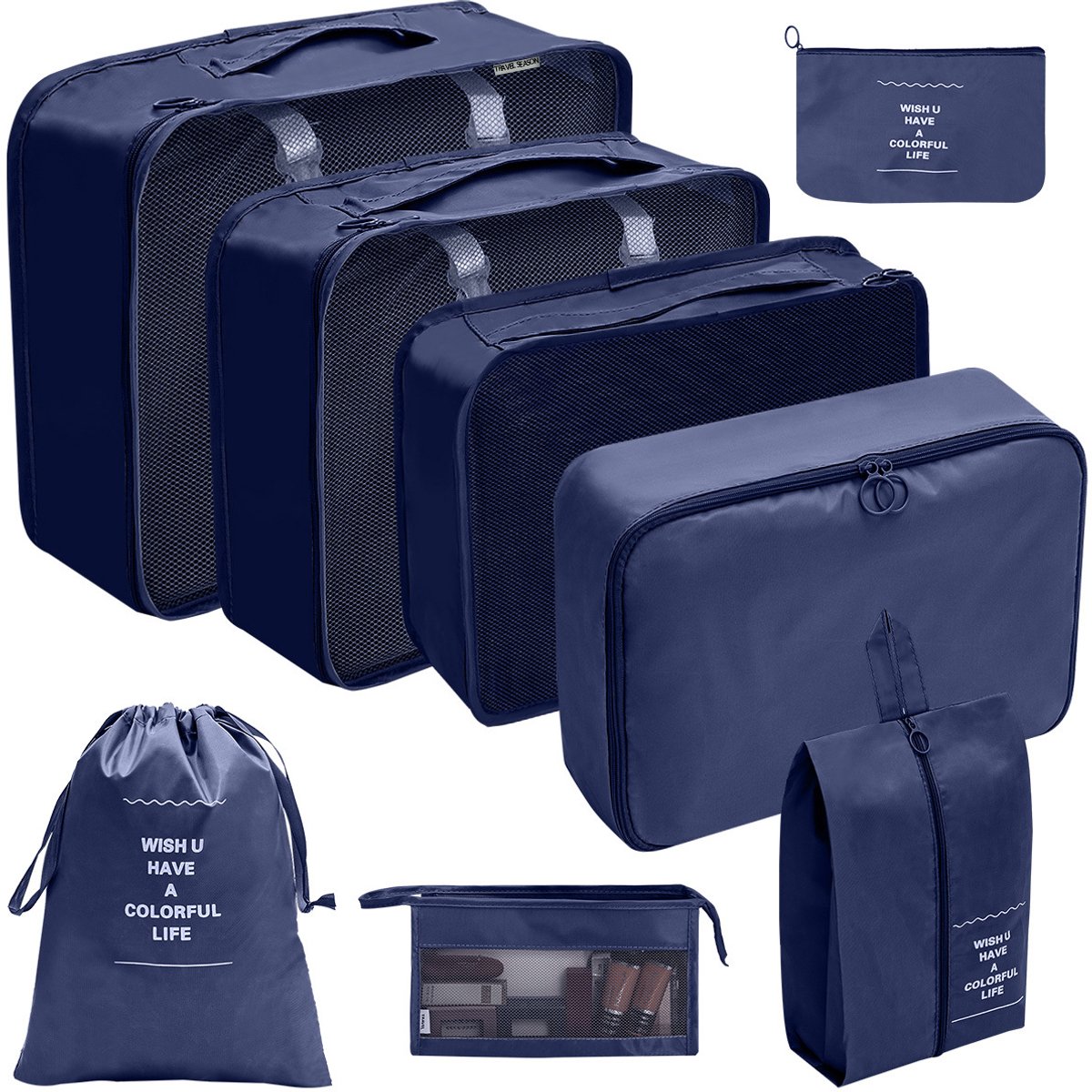kofferbak organizer，Deze 7-delige reisbagageset bestaat uit een reistas en een waterdichte reistas, geschikt voor het opbergen van kleding, ondergoed, schoenen en cosmetica (marineblauw).