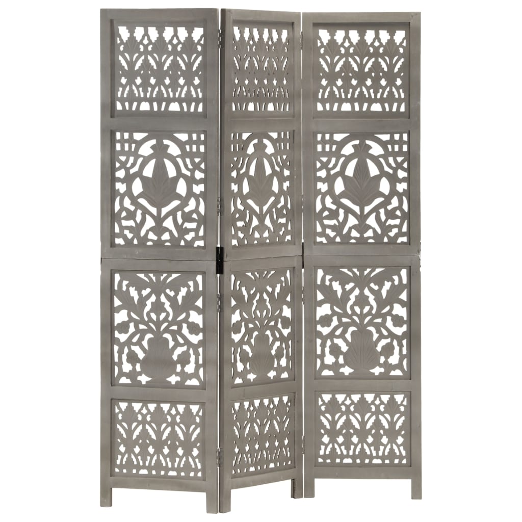vidaXL Biombo 3 paneles tallado a mano madera mango 120x165 cm en color Marrón/Blanco/Gris