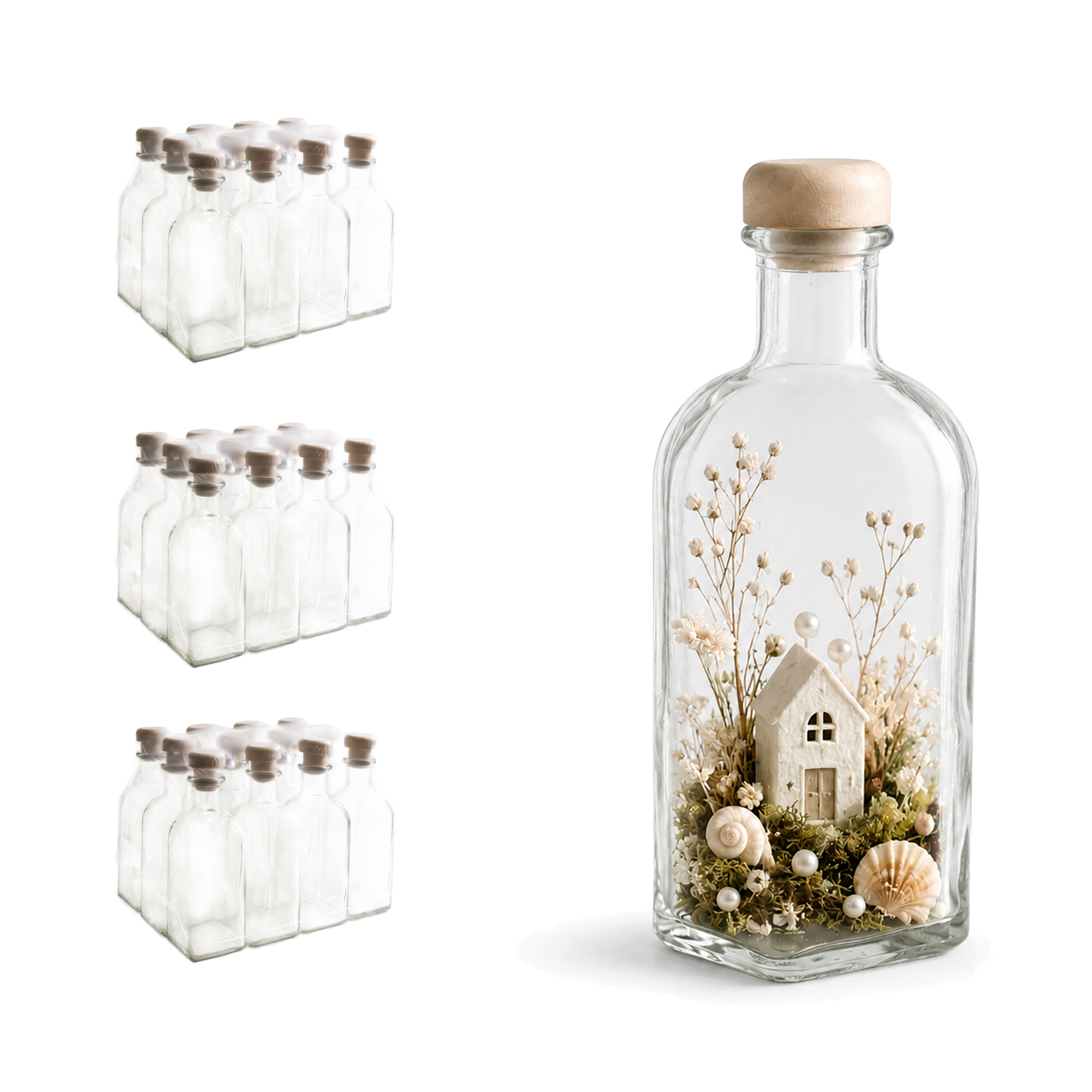 Botellas de Cristal 500ml Pack 12, 24, 36 y 48 unidades, con Tapón de Corcho Sintético. Frasca de Cristal Grueso y Resistente con Tapón, Cierre a Presión. Botella de Aceite, Bebidas, Agua. Set de Botellas para Hostelería, Bar, Restaurantes, Hoteles