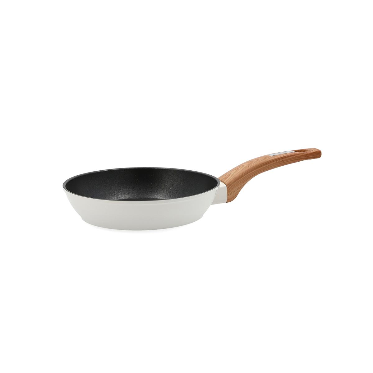 Sartén de aluminio forjado blanca Quid Cocco - Doble revestimiento antiadherente - Diámetros 18 a 28 cm - Apta inducción y cualqueir fuego - Mango robusto de madera y con acabado Soft Touch