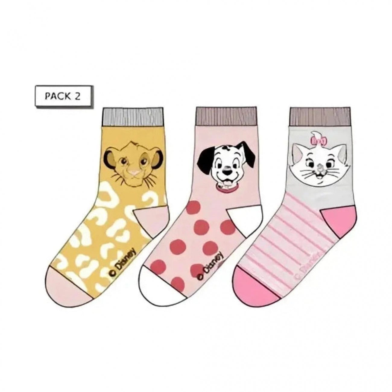 Disney - Pack 3 calcetines infantiles con Marie, Simba y 101 Dálmatas amarillo 27/30 de algodón para niños cómodos y divertidos