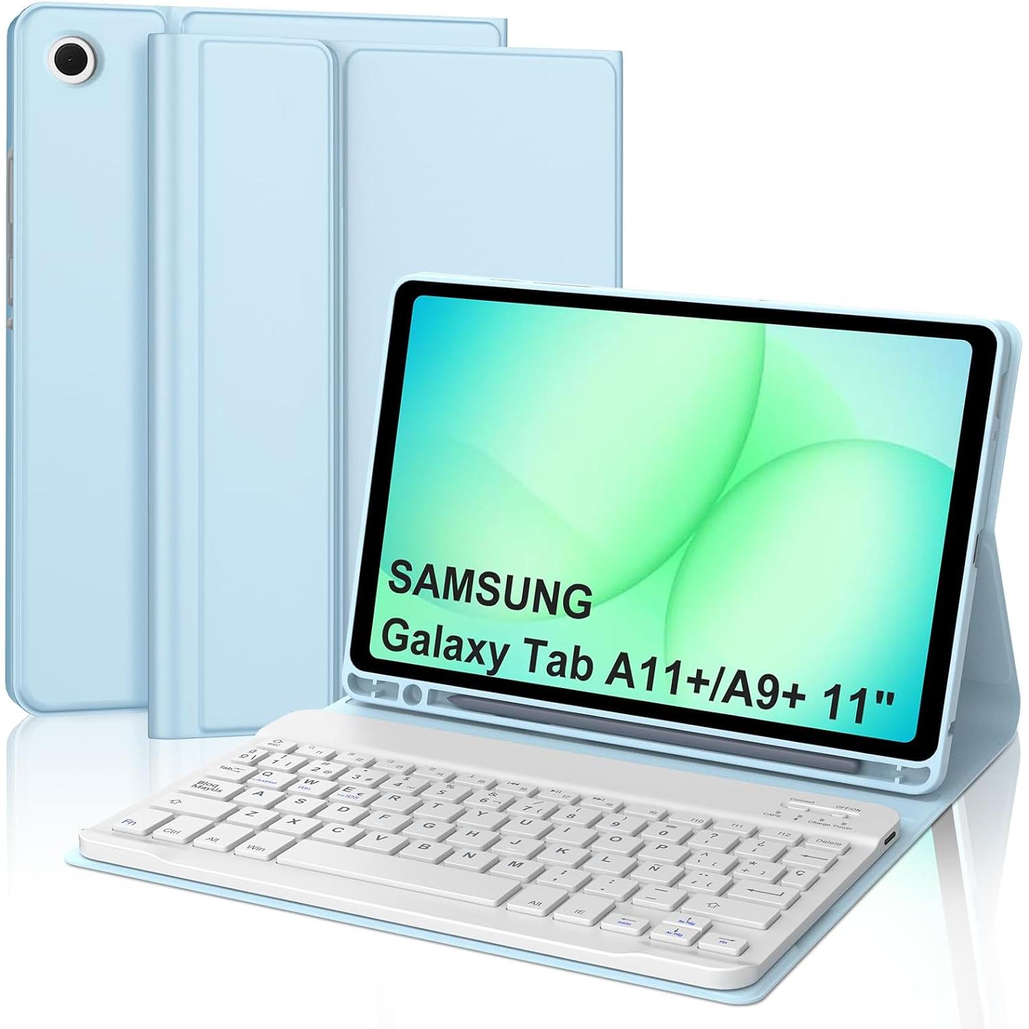 Funda con Teclado Español Ñ compatible con Sams Galax A11+/Tab A9+ 11''(SM-X210/X216/X218/ SM-X230/X235/X236, Teclado Español Ñ Bluetooth Inalámbrico Desmontable con Funda y Portalápices compatible con Sam Gala Tab A9 Plus 11 Pulgadas