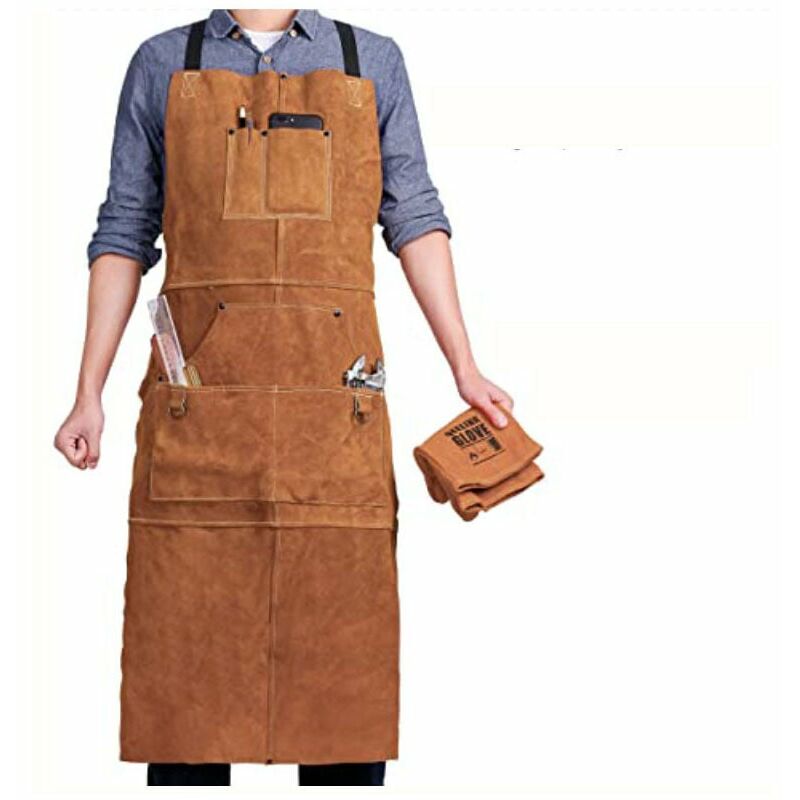 Delantal de Soldador con 6 Bolsillos, Delantal de Trabajo de Cuero Anti-Calor Ignífugo, Delantal de Carpintero para Hombre Ajustable de M a XXXL, Perfecto para Herrero, Mecánico, Taller