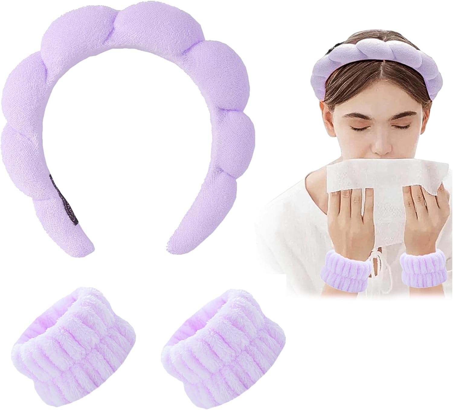Juego de 3 Diadamas de Spa, Diadema de Maquillaje y Pulsera, Diadamas Faciales de Spa, Diadema de Esponja para Lavar La Cara, Muñequera para Spa, evite Que Los Líquidos se Derramen por sus Brazos (#5)