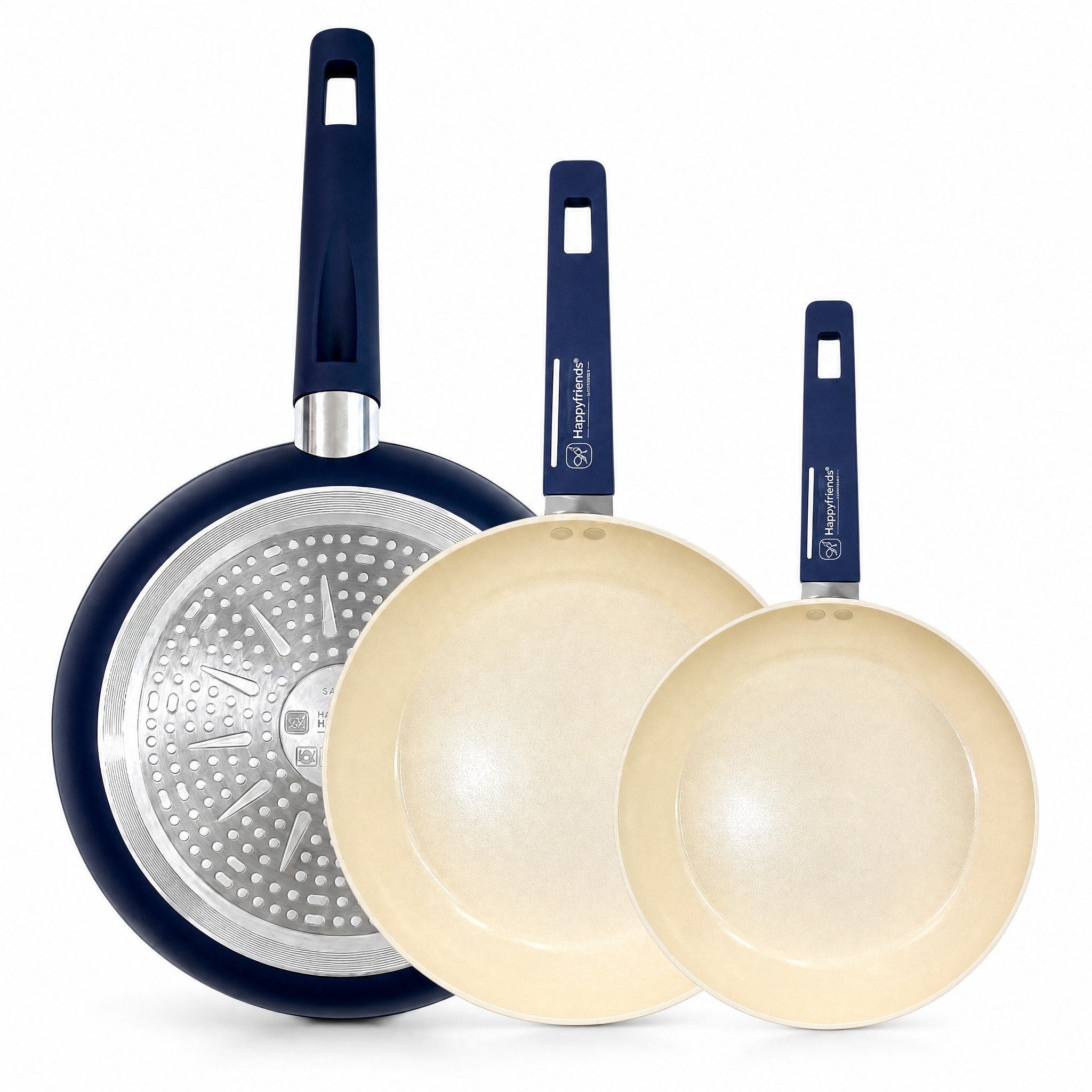 Juego de 3 Sartenes de Cocina de Aluminio con Revestimiento Cerámico | Inducción y Vitro | Antiadherente Premium Libre de PFOA y PFAS | Mango Soft-Touch | Varios sets a Elegir (20-30 cm) | HAPPY FRIENDS
