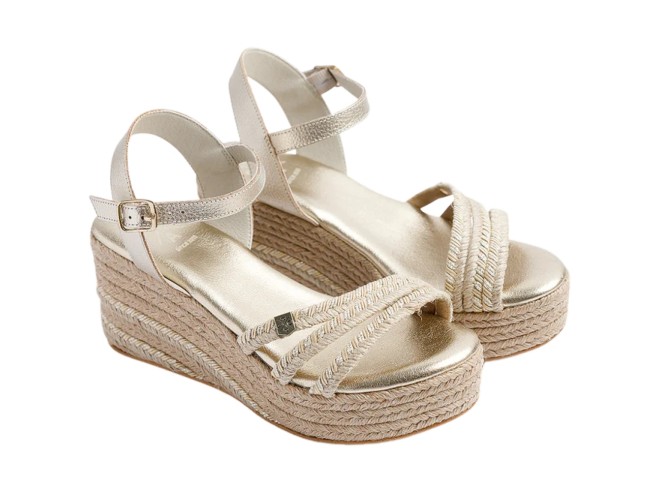 Sandalia Mujer Popa Albany Cuerlam Oro: Lujo Artesano con Brillo Metalizado y Cuña de Cuerda, Altura de 7 cm. Estilo y Confort para Eventos Especiales. Tallas 36-41 Disponibles para Brillar en la Temp