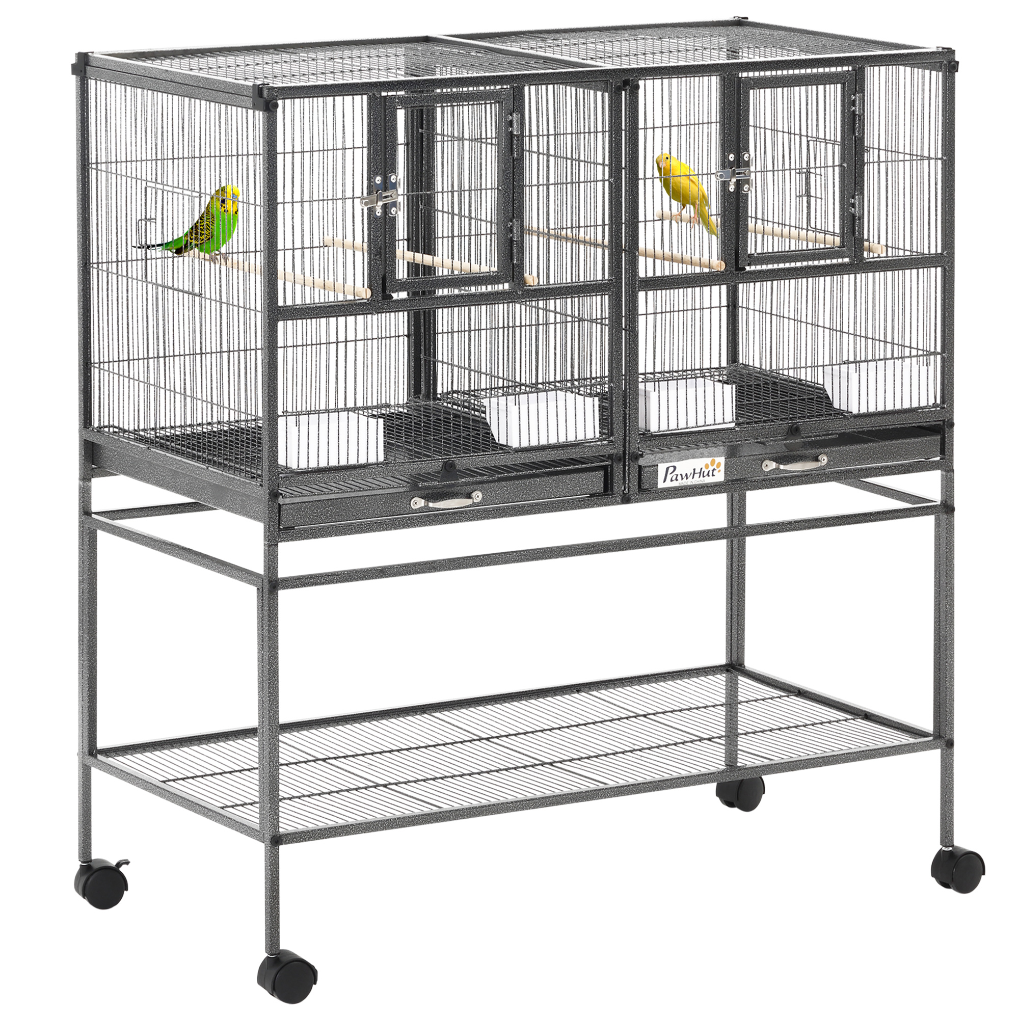 PawHut Jaula para Pájaros Grande con Divisor, Pajarera Doble con Ruedas, 4 Comederos, 4 Perchas, Estante, 2 Bandejas Extraíbles, para Periquitos, Agapornis, Canarios, 95x45,5x102 cm, Gris
