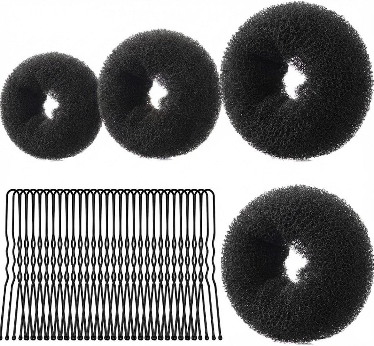 Haarknotset in donutvorm, met 4 haarelastiekjes en 30 haarclips, geschikt voor dansers, kinderen, meisjes en vrouwen, verkrijgbaar in de maten 6 cm en 8 cm (zwart).