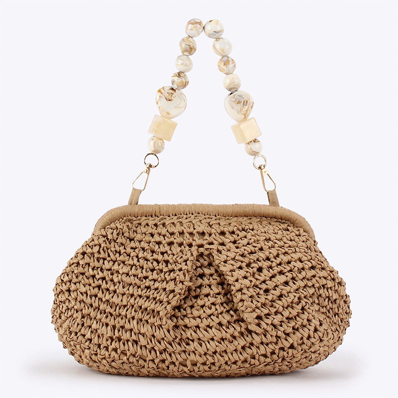 Bolso de playa de verano para mujer, bolso tejido de rafia, bolso hobo elegante con paja de media luna con cuentas, mochila bohemia