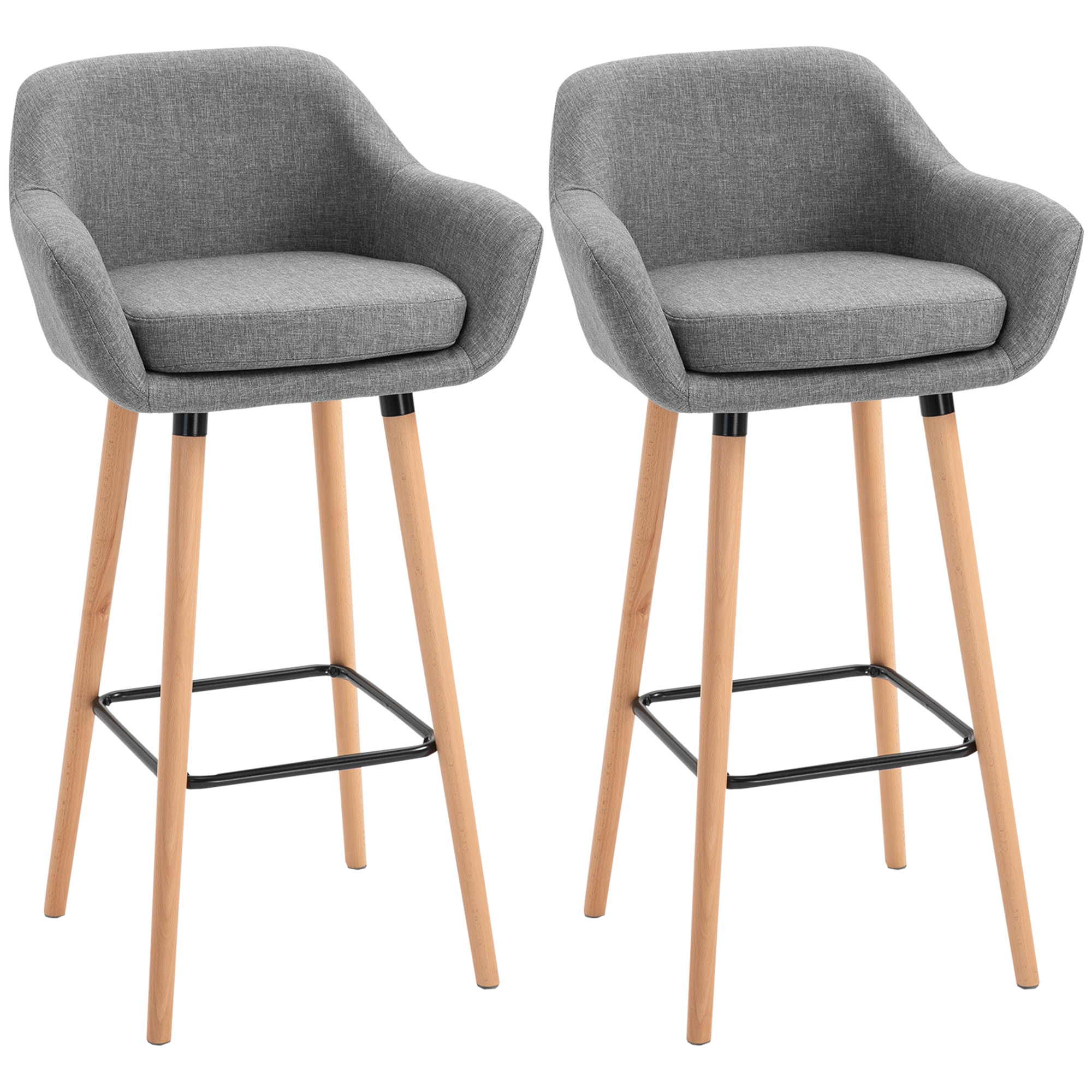 HOMCOM Juego de 2 Taburetes de Bar, Silla de Bar de Lino con Cojín, Taburete de Cocina, Taburete Bistro con Reposapiés, Patas de Madera de Haya, Taburete de Mostrador para Salón, Comedor, Gris, 55 x 48 x 100 cm