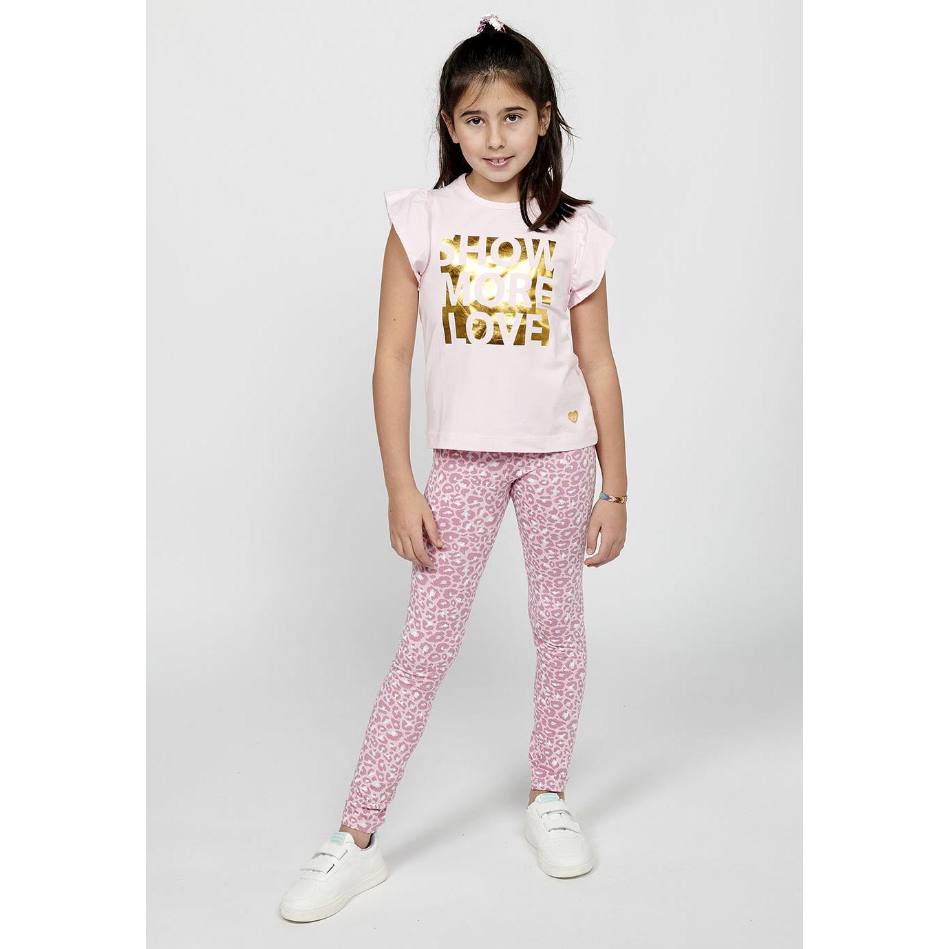 Koroshi - Camiseta niña manga corta con volantes y estampado delantero, 95% algodón y 5% elastano, color rosa para uso diario